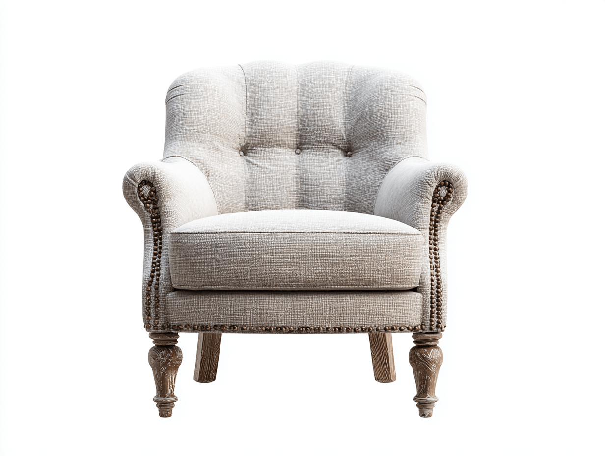 Sillón individual de tela gris claro con respaldo capitoné y patas de madera 85×85×90 cm – estilo clásico