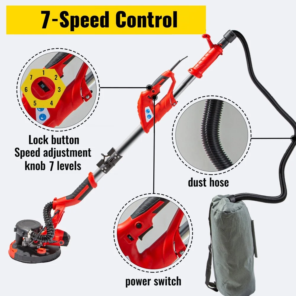 9" Drywall Sander 850W 6 Variable Speed Foldable Sander with Vacuum Bag - Image 2