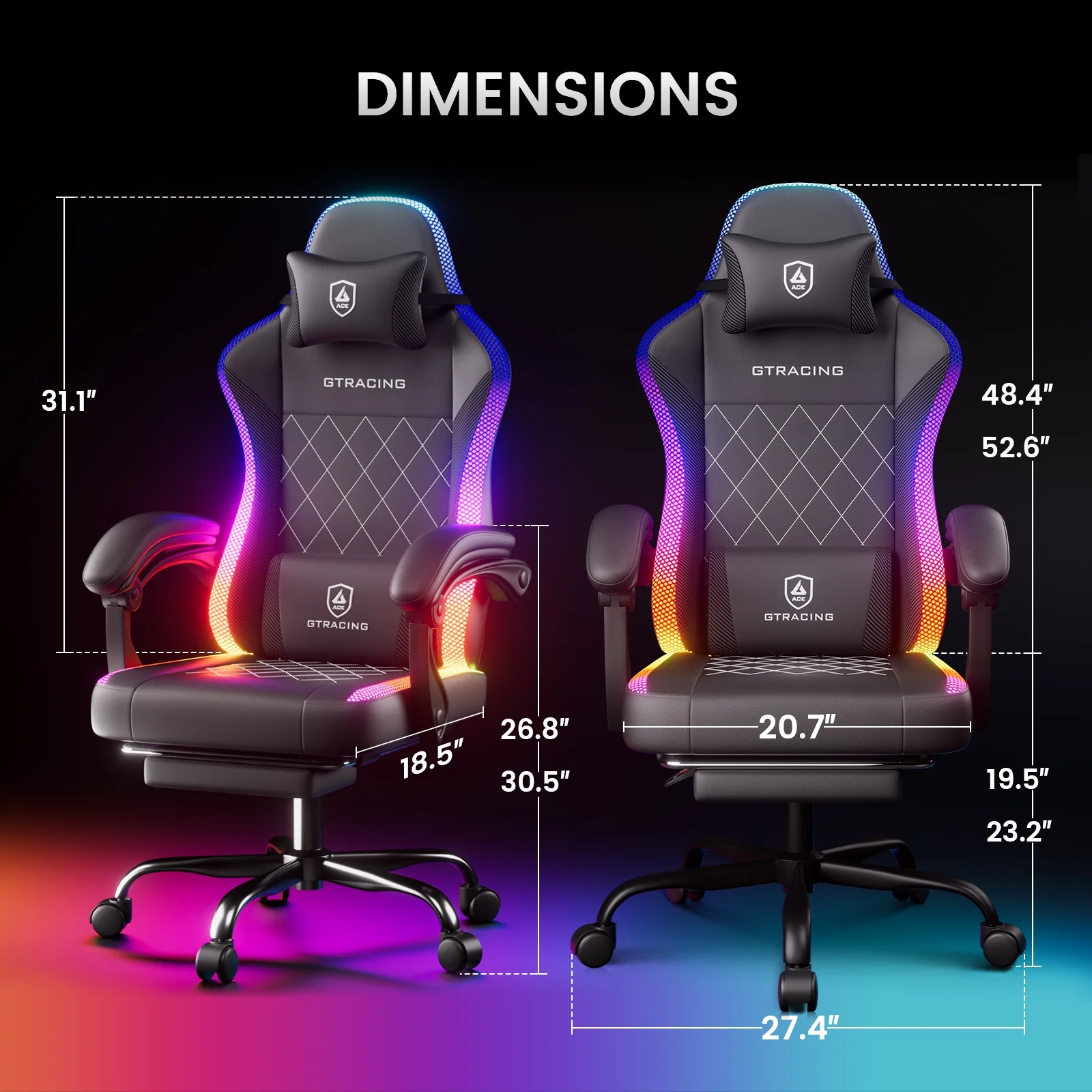 GTRACING RGB Ergonomic Gaming Chair with Massage, LED Lights, Footrest, Lumbar Support and Backrest, Black - Image 10