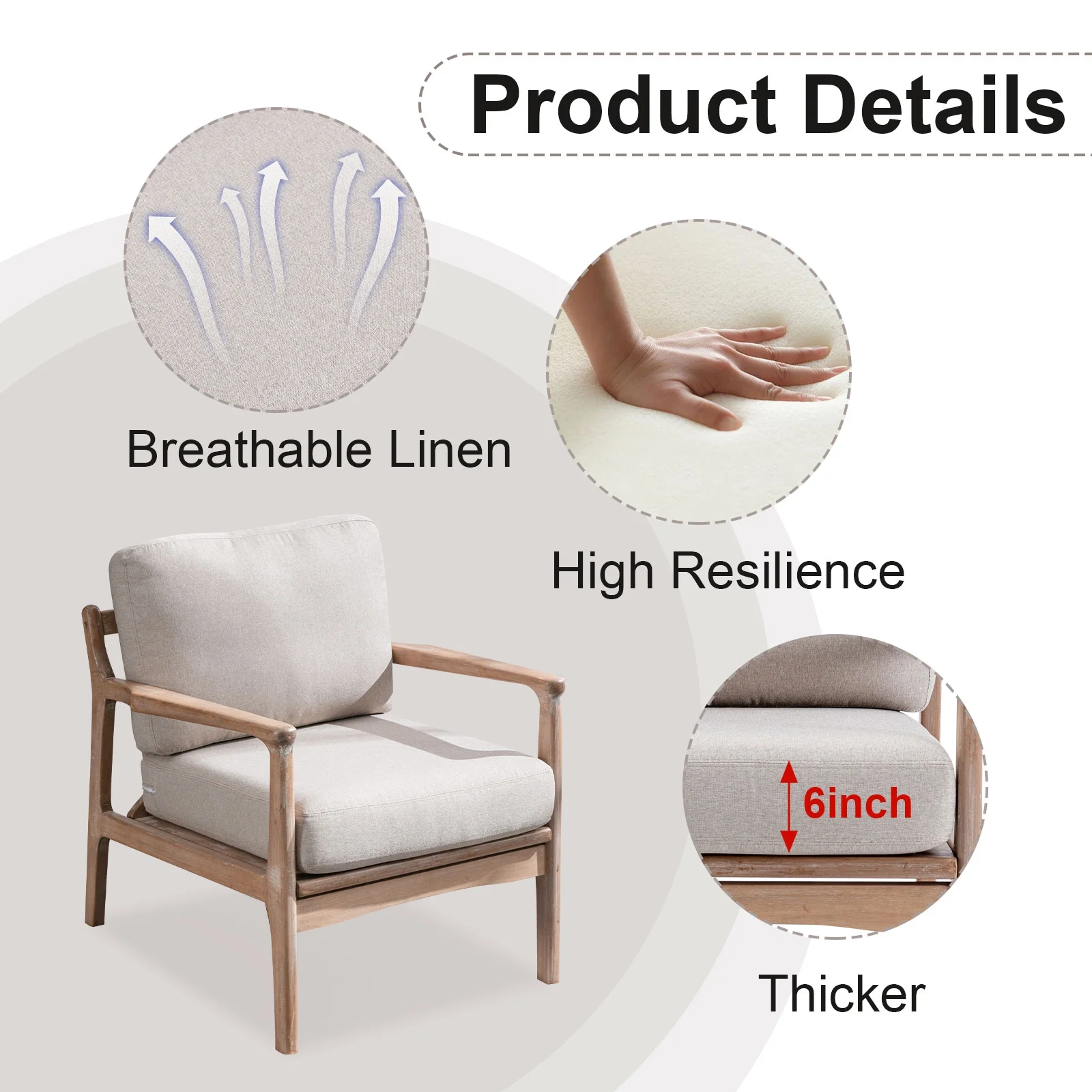 Bonzy Home Design Accent Chair, Comfy Fabric Armchair with Solid Wood Frame & Removable Cushions, Upholstered Reading Chair for Living Room Bedroom, Beige - Image 5