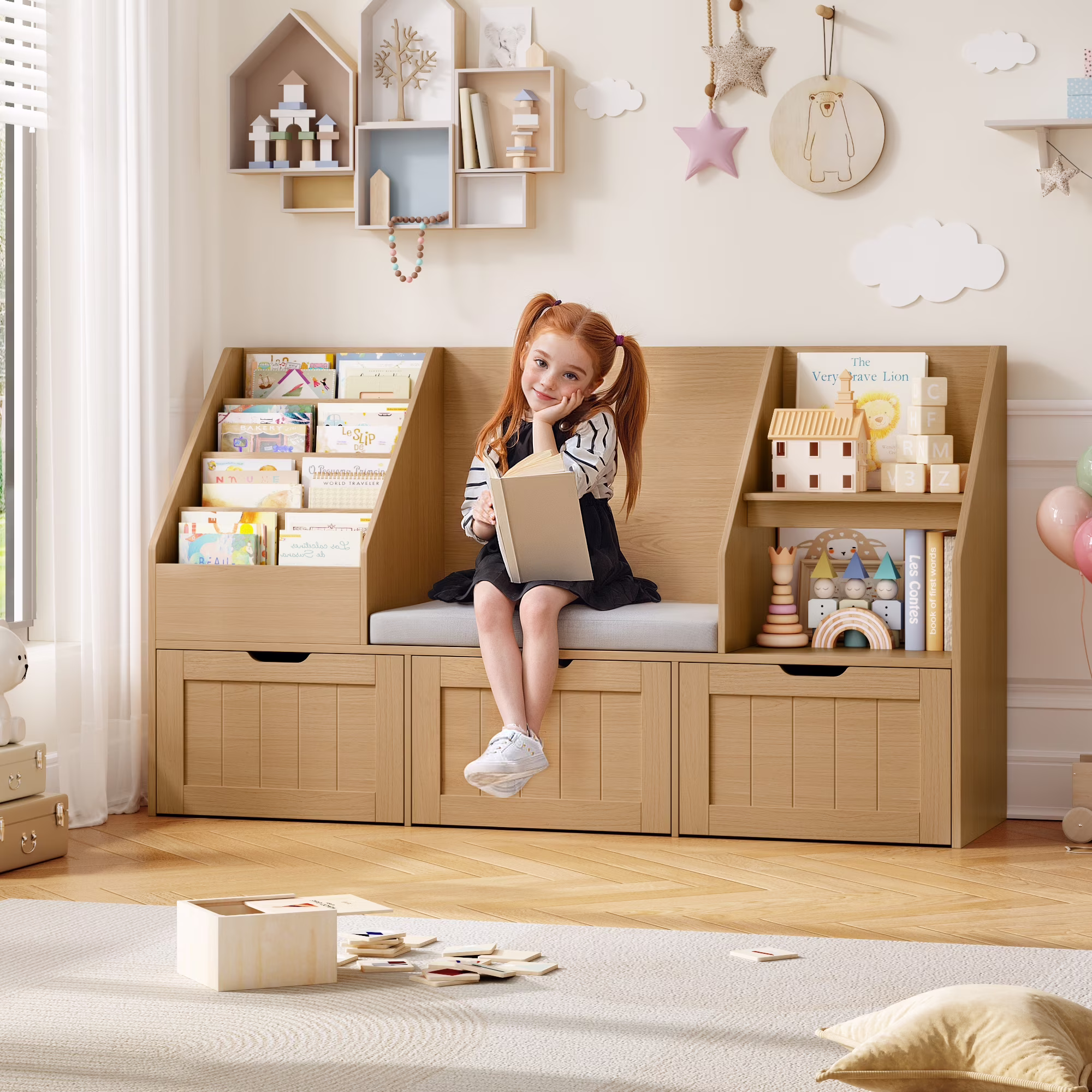 Homfa Kids Bookshelf with Reading Nook & 3 Movable Drawers, 2 Cube Bookcase with 4-Tier Book Racks, Toy Storage Organizer for Playroom Bedroom, White - Image 3