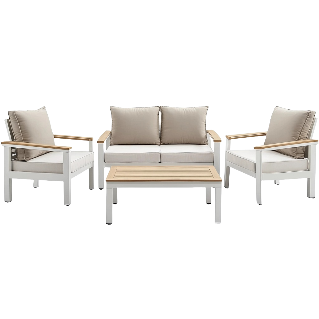 Conjunto de muebles de jardín blanco y beige, sofá y sillones con mesa de aluminio y madera, 4 plazas para terraza