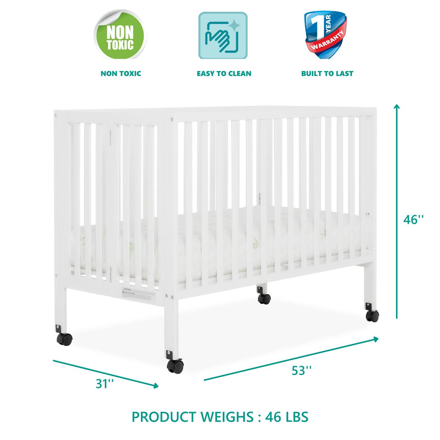 Dream On Me Quinn Full-Size Folding Crib. Removable Wheels. Modern Nursey. Adjustable Mattress Support. Patent Folding System in White - Image 4