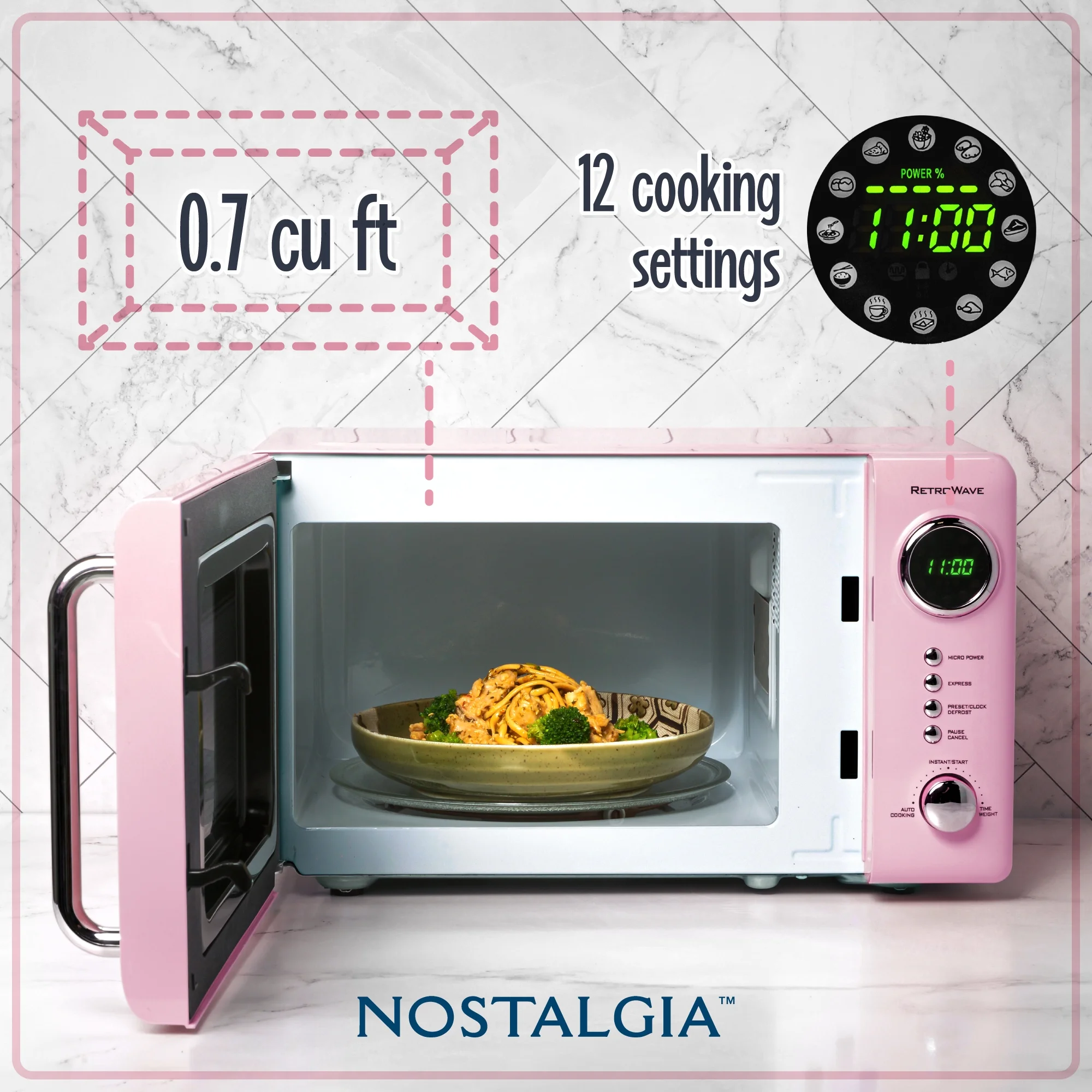 Nostalgia Retro Compact Countertop Microwave Oven - 0.7 Cu. Ft. - 700-Watts with LED Digital Display - Child Lock - Easy Clean Interior - Orange - Image 50