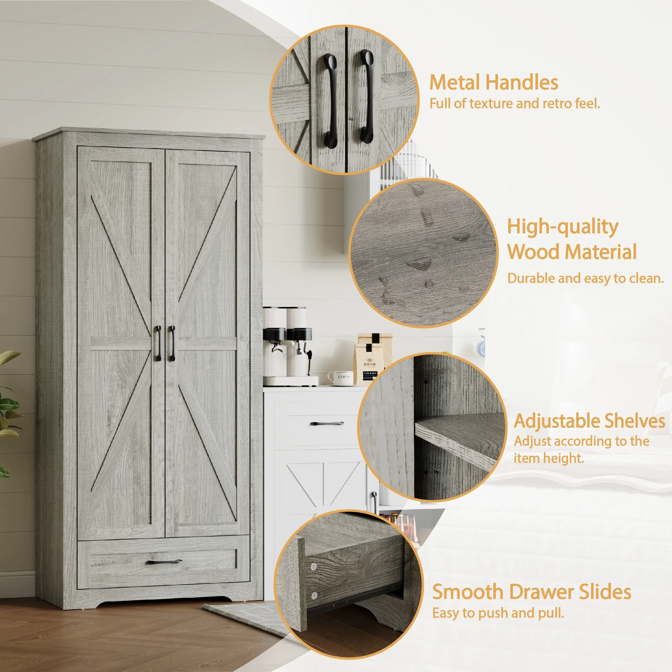 YouTrend 69" Tall Kitchen Pantry,Farmhouse Storage Cabinet with 2 Barn Doors 4 Adjustable Shelves and Large Drawer for Dining Room,Living Room,Bathroom,White
