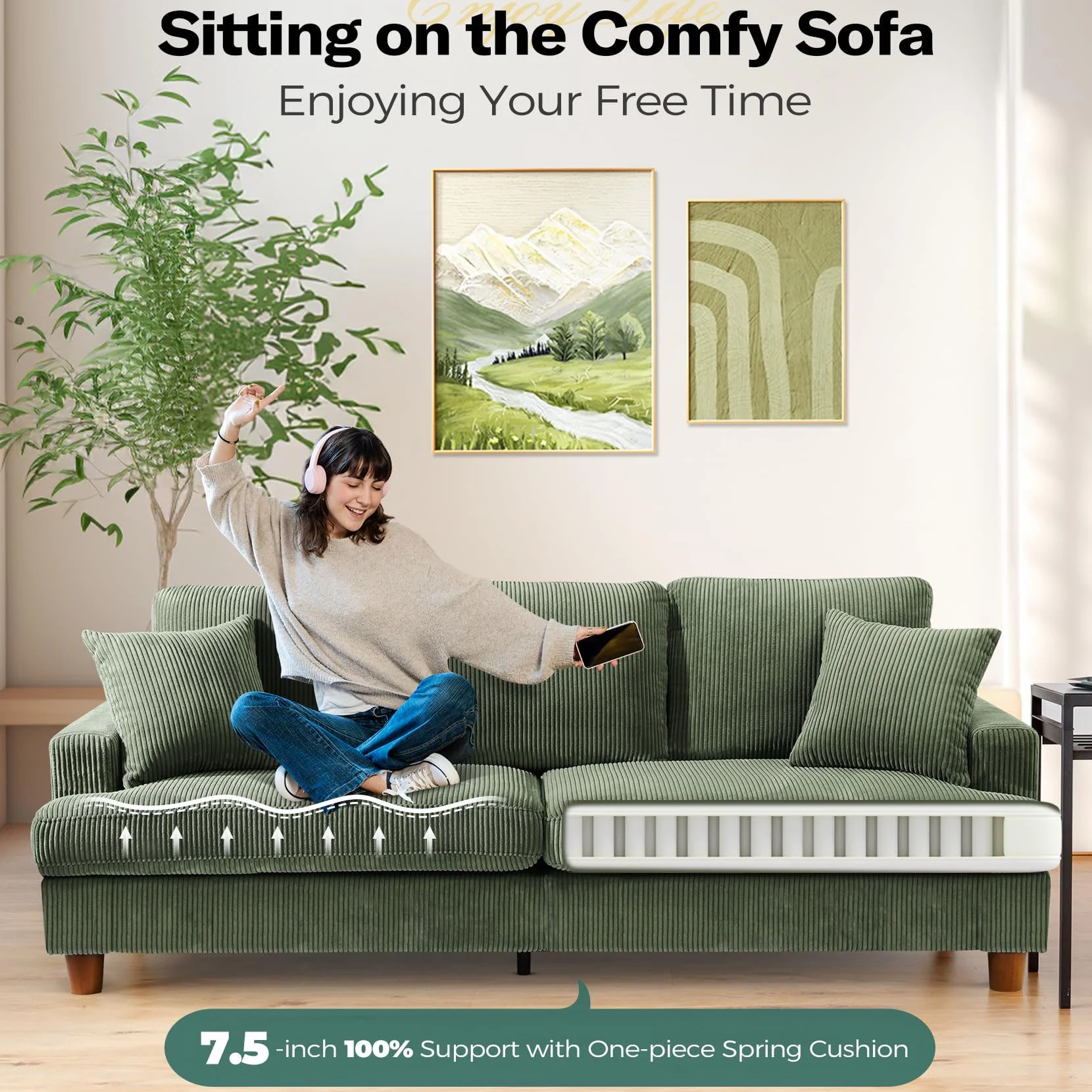 87" Corduroy Sofa,3 Seater Sofa with Extra Deep Seats,Neche Comfy Upholstered Couch for Living Room,2 Pillows,Green - Image 4