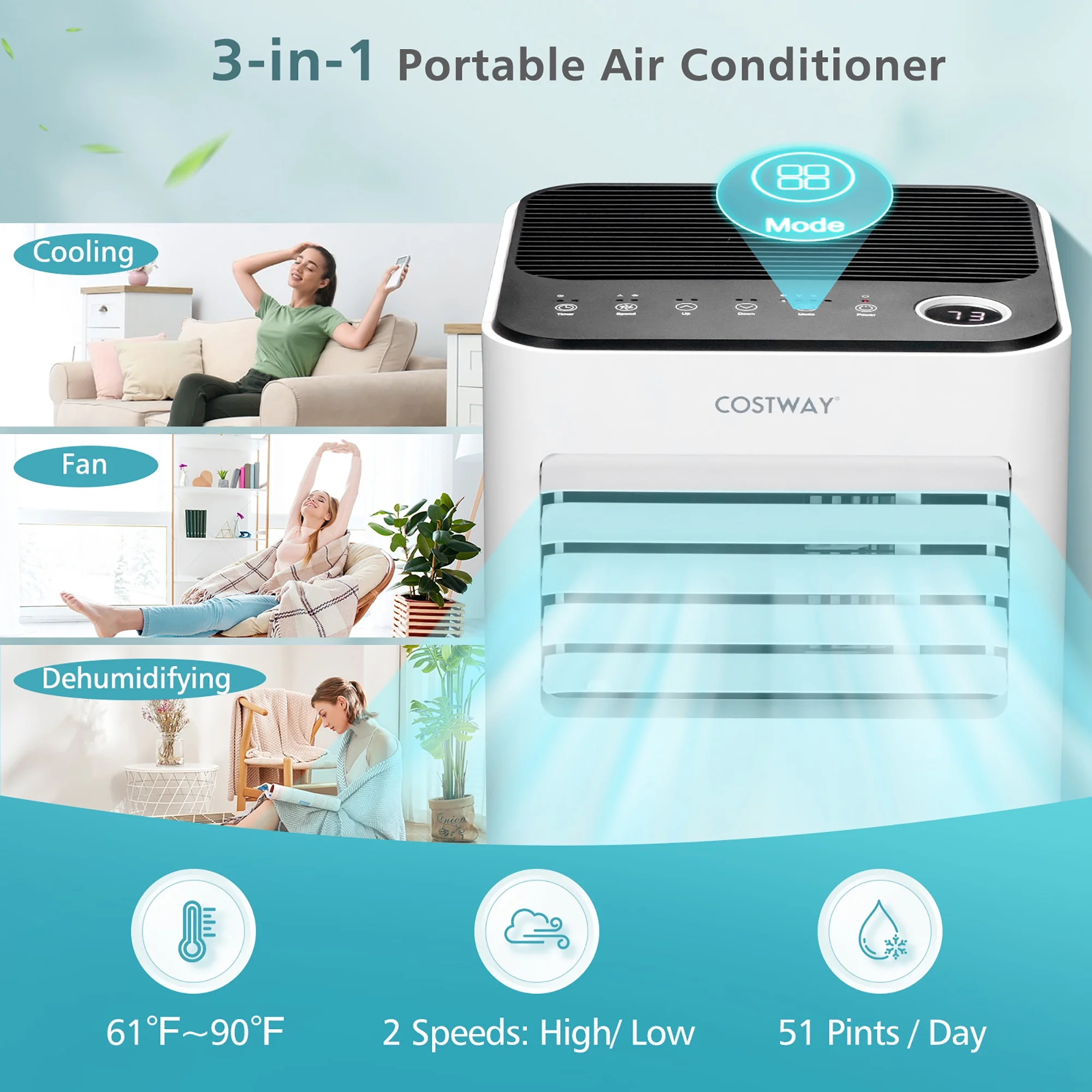 Costway 10000 BTU Portable Air Conditioner 3-in-1 Air Cooler with Fan Dehum Sleep Mode - Image 3