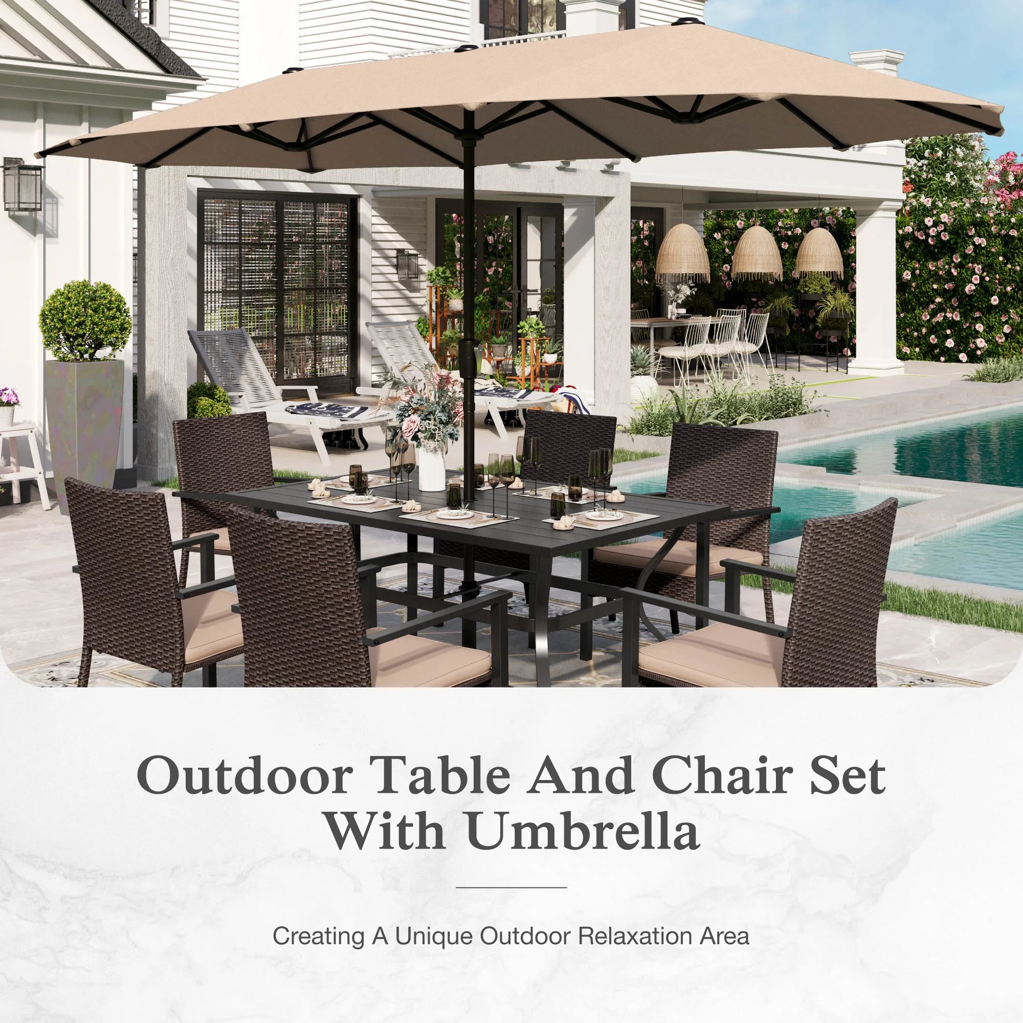 Alpha Joy 8-Piece Outdoor Patio Dining Set with 13 ft Umbrella, Rattan Chairs & Rectangle Table Set for 6, Beige Umbrella - Image 2
