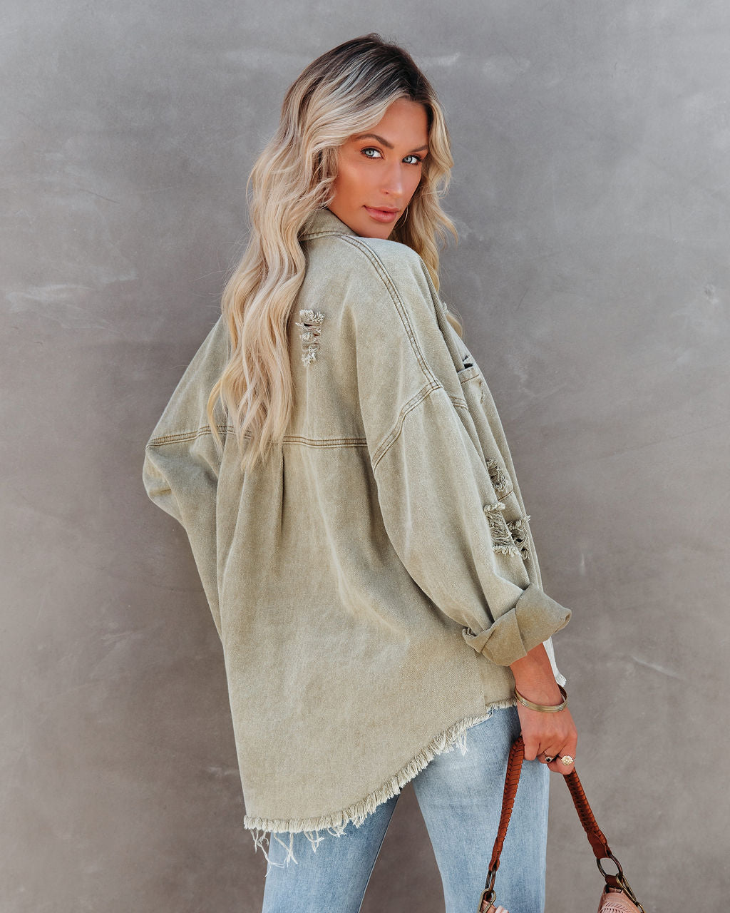 Thinking Out Loud Cotton Distressed Denim Jacket - Sage - Se7enfashion