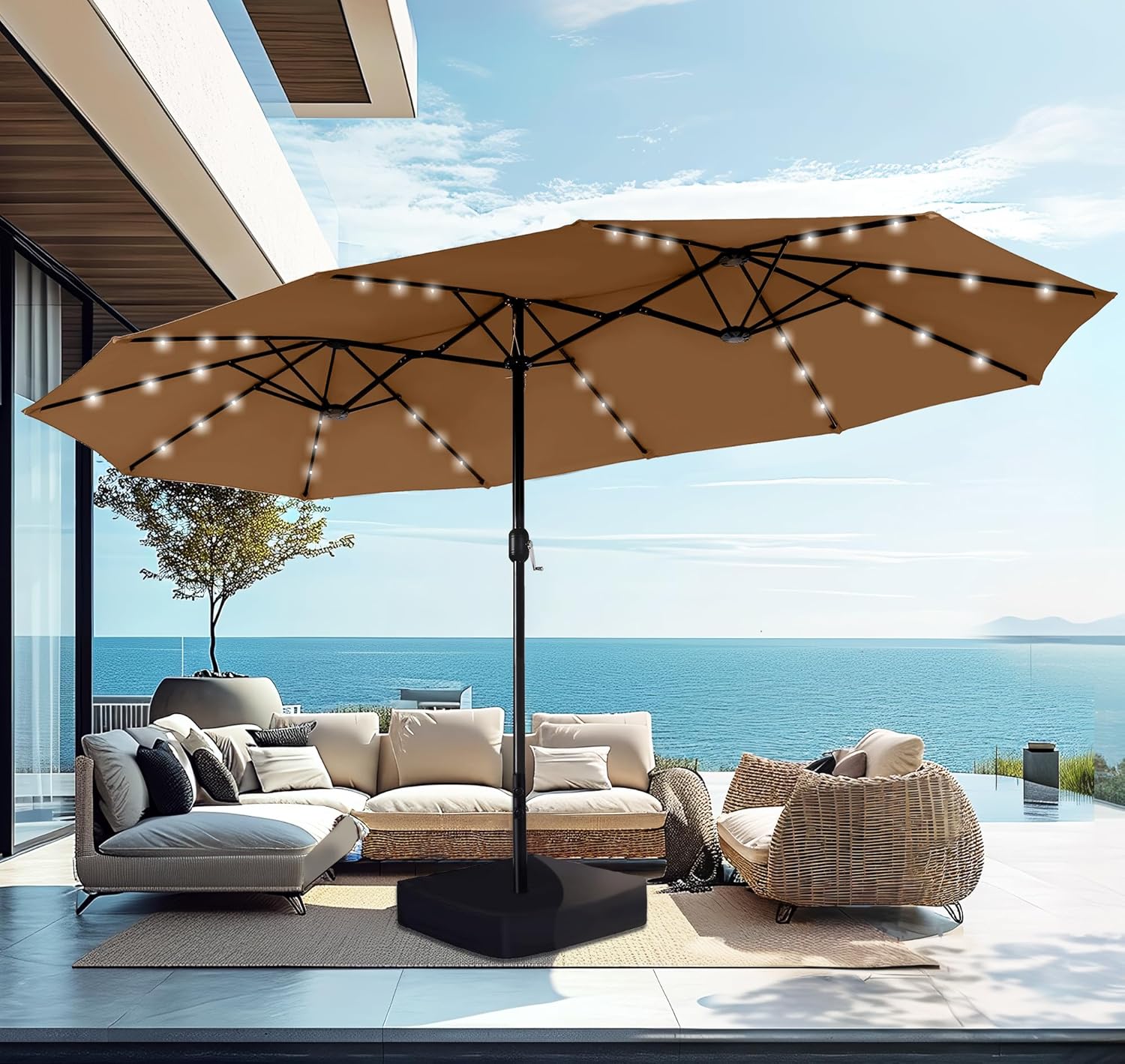 WAYFAIR PHI VILLA 15Ft Large Patio Umbrella With Solar Lights, Double-Sided Outdoor Market Rectangle Umbrellas With 36 LED Lights, Umbrella Base (Stand) Included