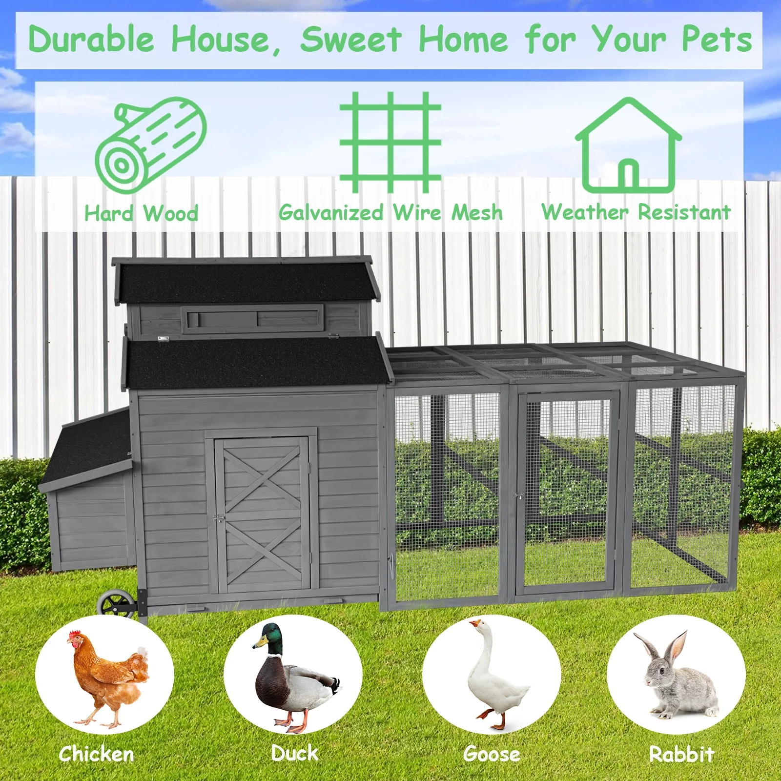 Chicken Coop for 6-10 Chickens, 112" Extal Large Chicken Coops, with Chicken Run & Nesting Box & Secure Enclosure, Outdoor Wooden Hen House Hutch for Rabbit, Poultry Pet, Duck - Image 7