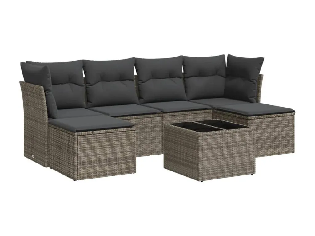 Set de sofás de jardín 7 piezas con cojines ratán PE gris wudh33120