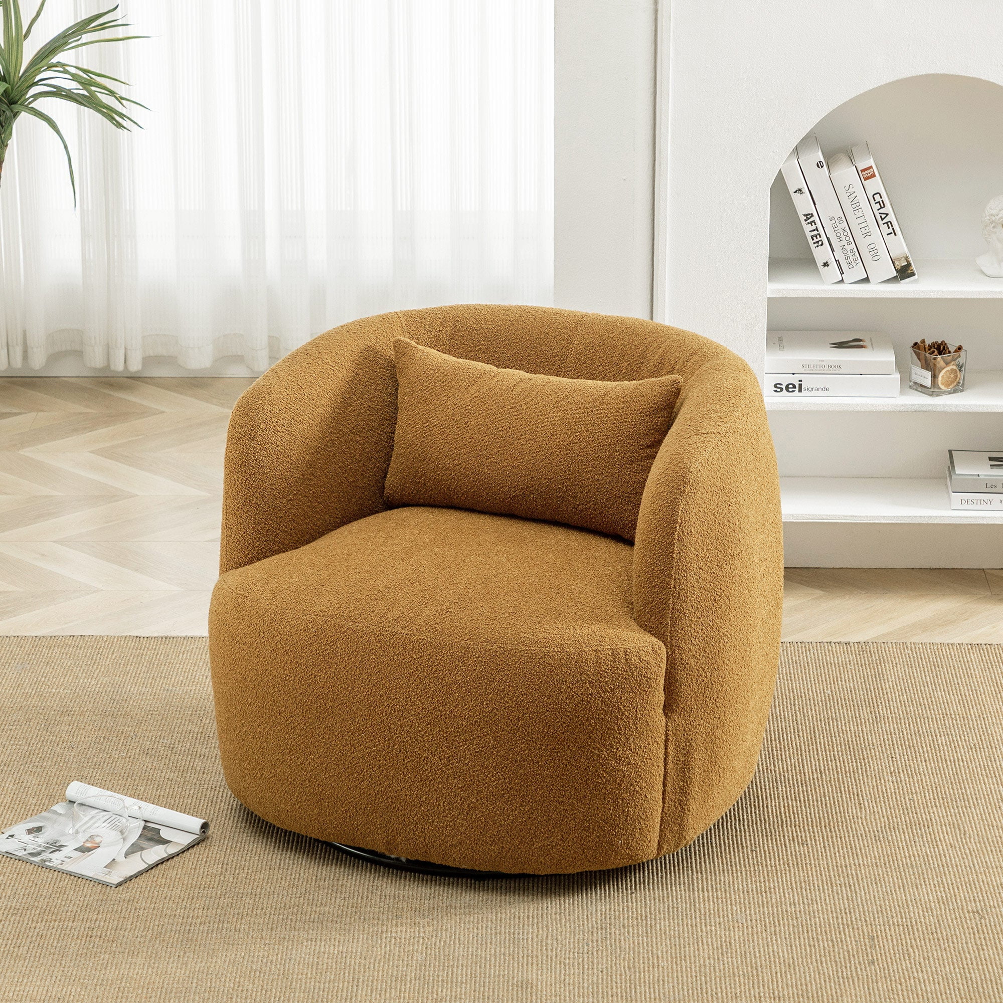 34" Wide Boucle Swivel Barrel Chair, No Assembly Round Upholstered Armchair Accent Chair Single Sofa Chair with Toss Pillow for Living Room and Bedroom, Taupe - Image 47