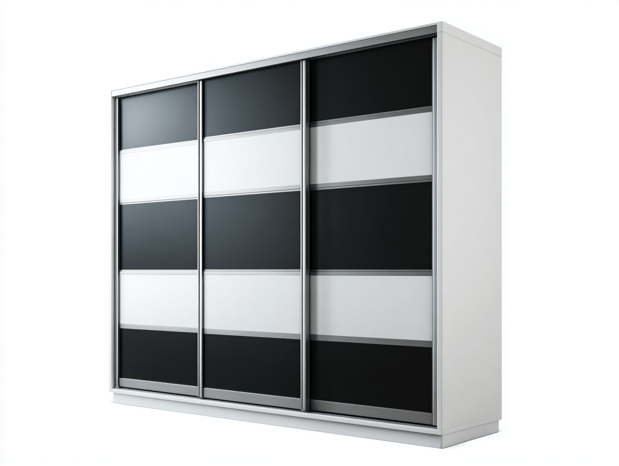 Armario moderno blanco y negro con puertas correderas 250×60×215 cm – paneles a rayas – estructura resistente