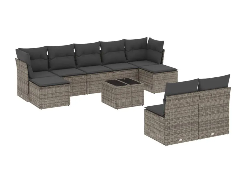 Set de sofás de jardín 10 pzas con cojines ratán sintético gris