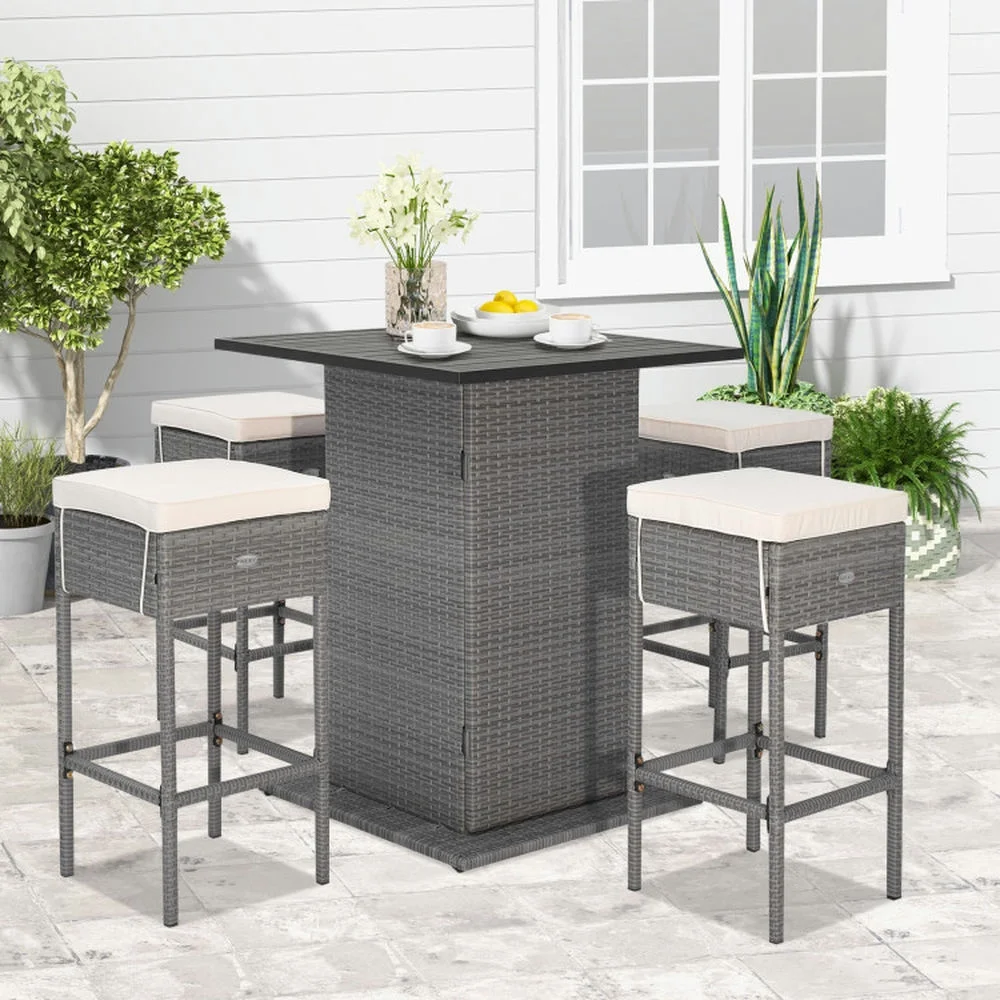 Topcobe 5 Pieces Outdoor Wicker Bar Table Set with Hidden Storage Shelves, Outdoor Patio Furniture for Garden Backyard Pool Deck-White - Image 9