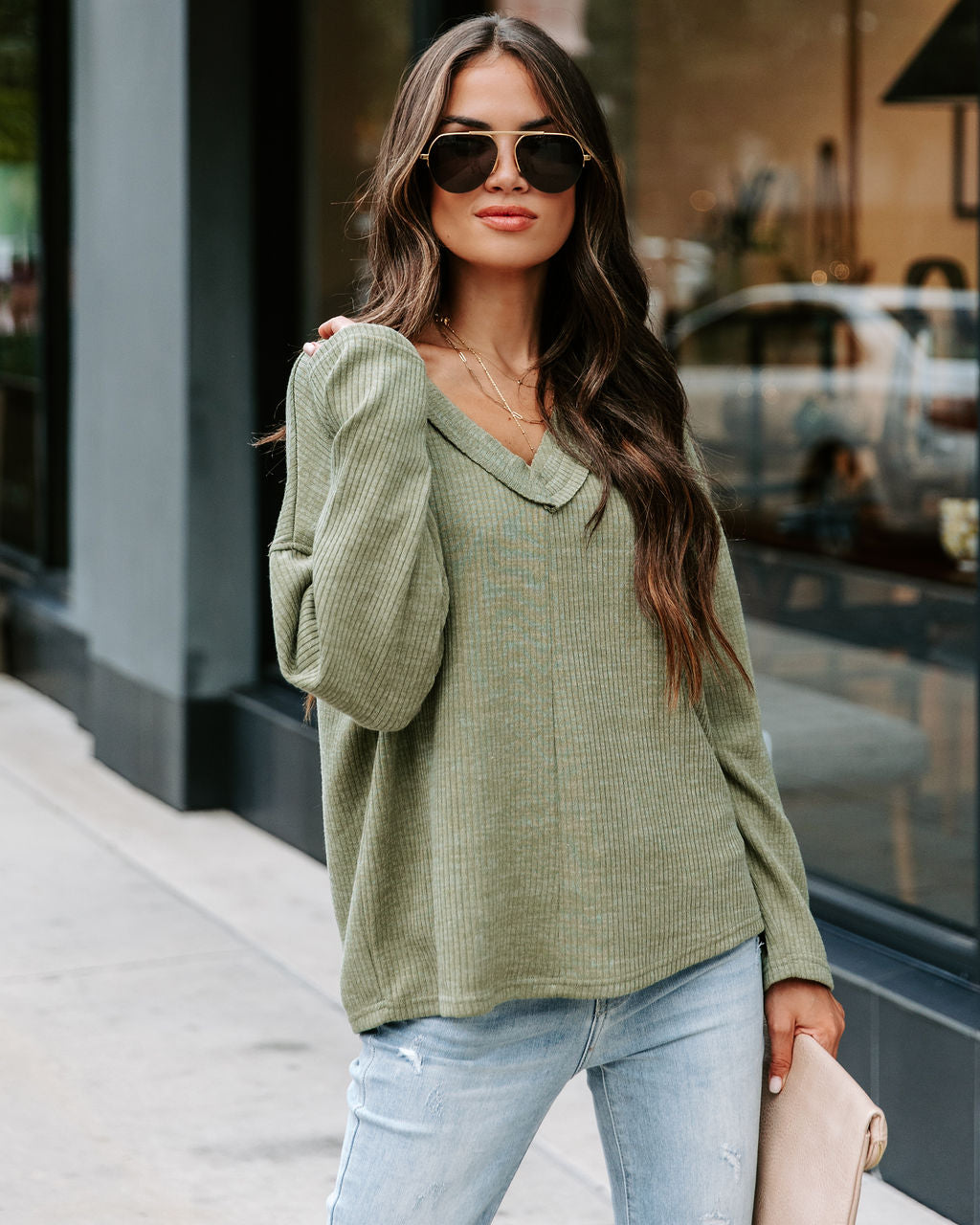 Touch Of Fall Oversized Ribbed Long Sleeve Top - Olive - Se7enfashion