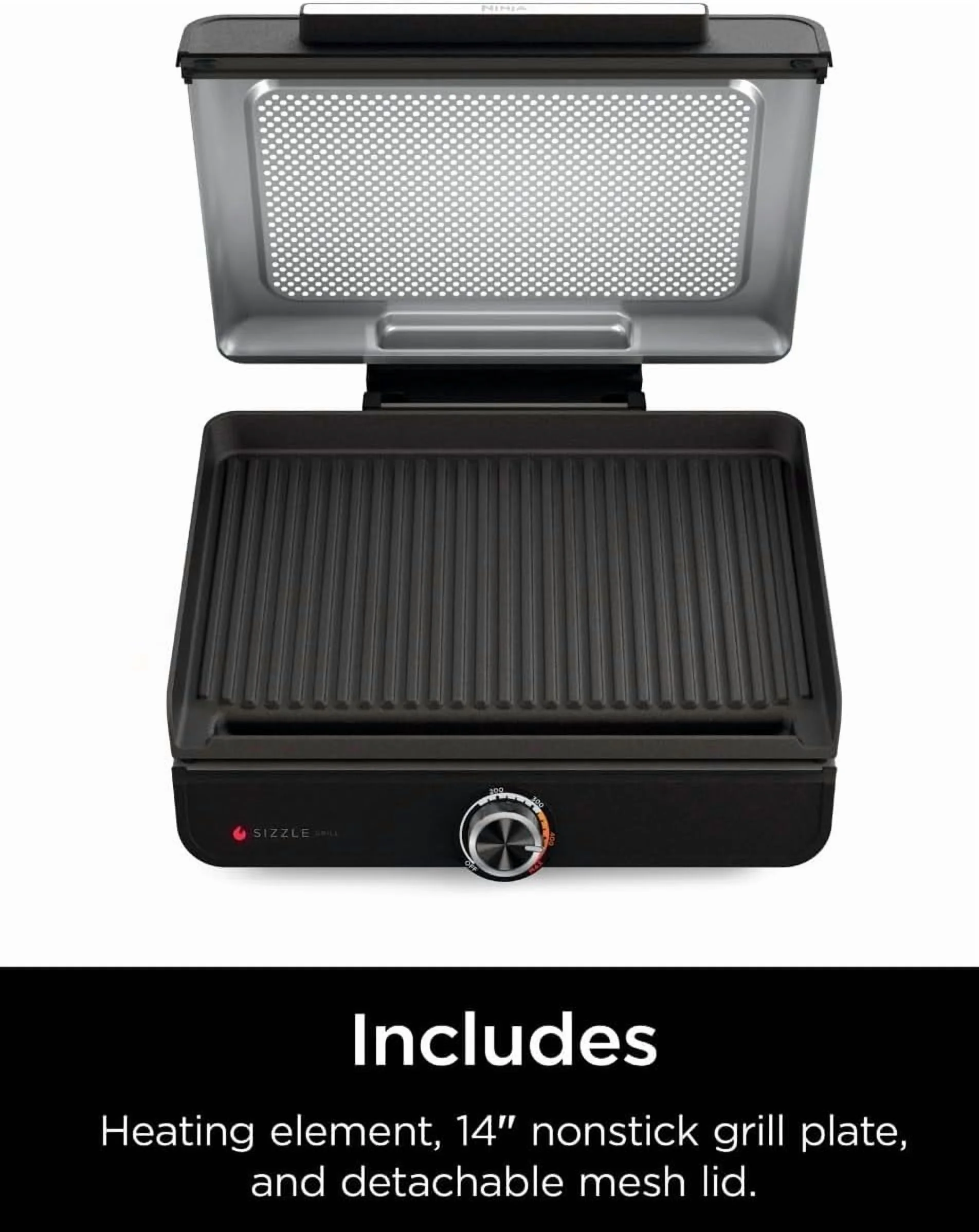 Ninja Sizzle Indoor Grill, 500-F High Heat Kitchen Grill with Nonstick 14 Inch Plate, Low-Smoke Technology, Edge-to-Edge Heating, Family-Sized Capacity, Countertop Cooking Tool (GR100) - Image 8
