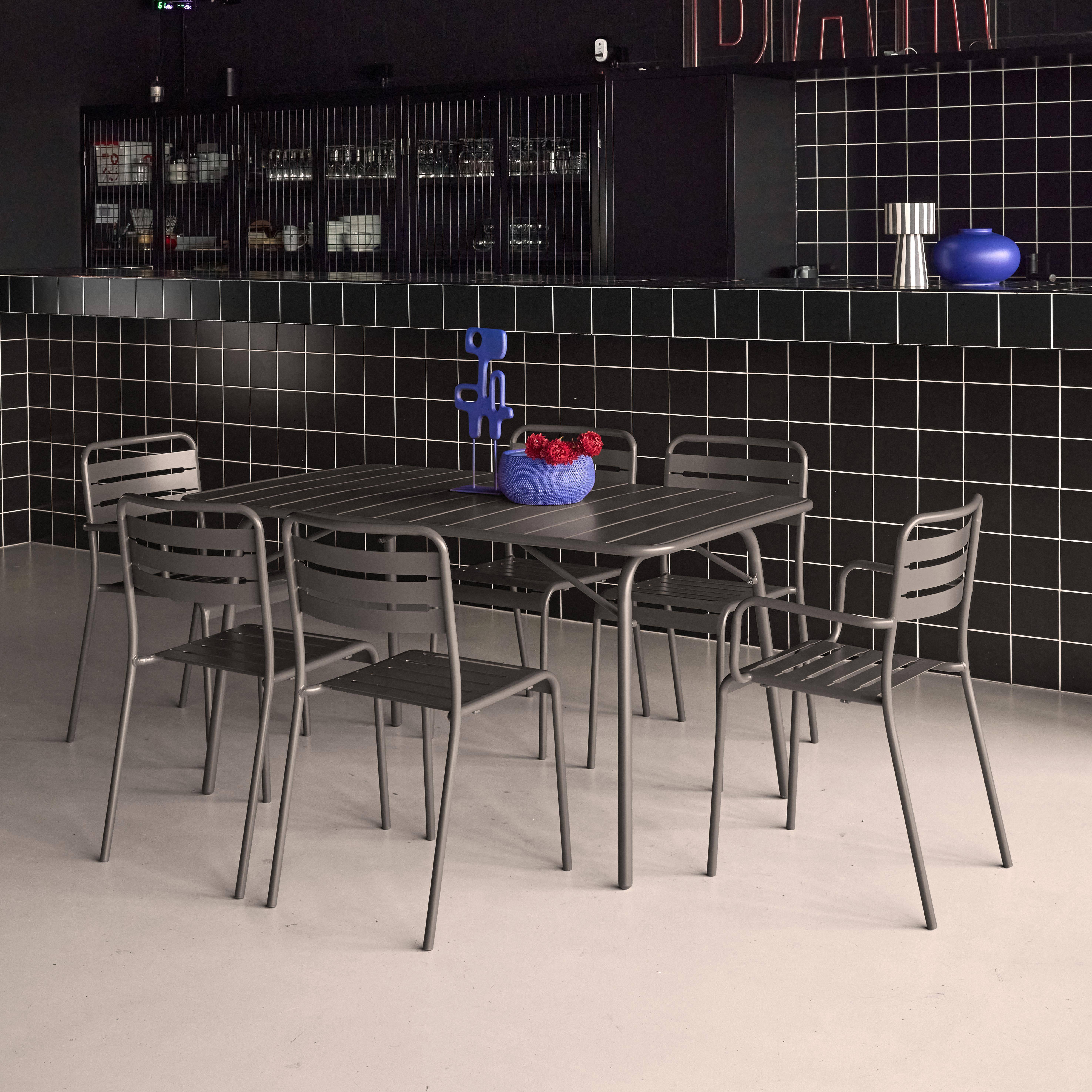 Amelia - Set mesa de jardín bistró plegable de acero con 2 sillones y 4 sillas, 140cm