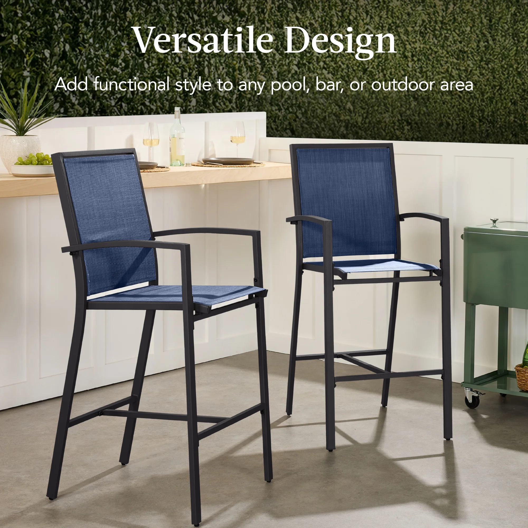 Best Choice Products Outdoor Barstools Set of 2, Bar Height Patio Chairs w/ All-Weather Mesh - Black/Black - Image 26