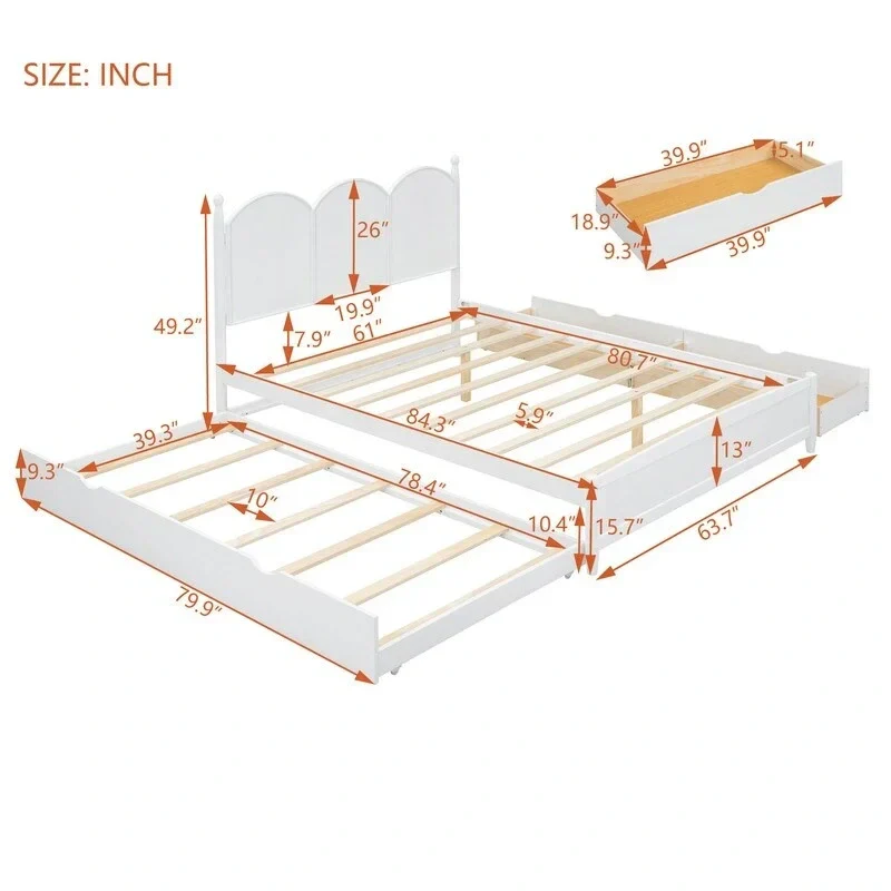 Queen Size Platform Bed with Vintage Headboard - Multifunctional Storage Frame Featuring Twin XL Trundle & 2 Drawers