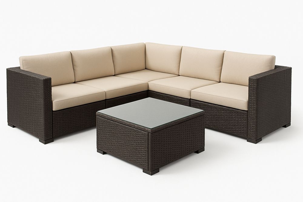 Sofá esquinero modular 210x210x70 cm con mesa de vidrio 70x70x40 cm y cojines beige