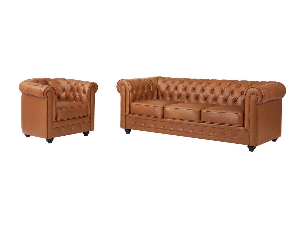 Sofá de 3 plazas y sillón de piel de vaca color camel CHESTERFIELD