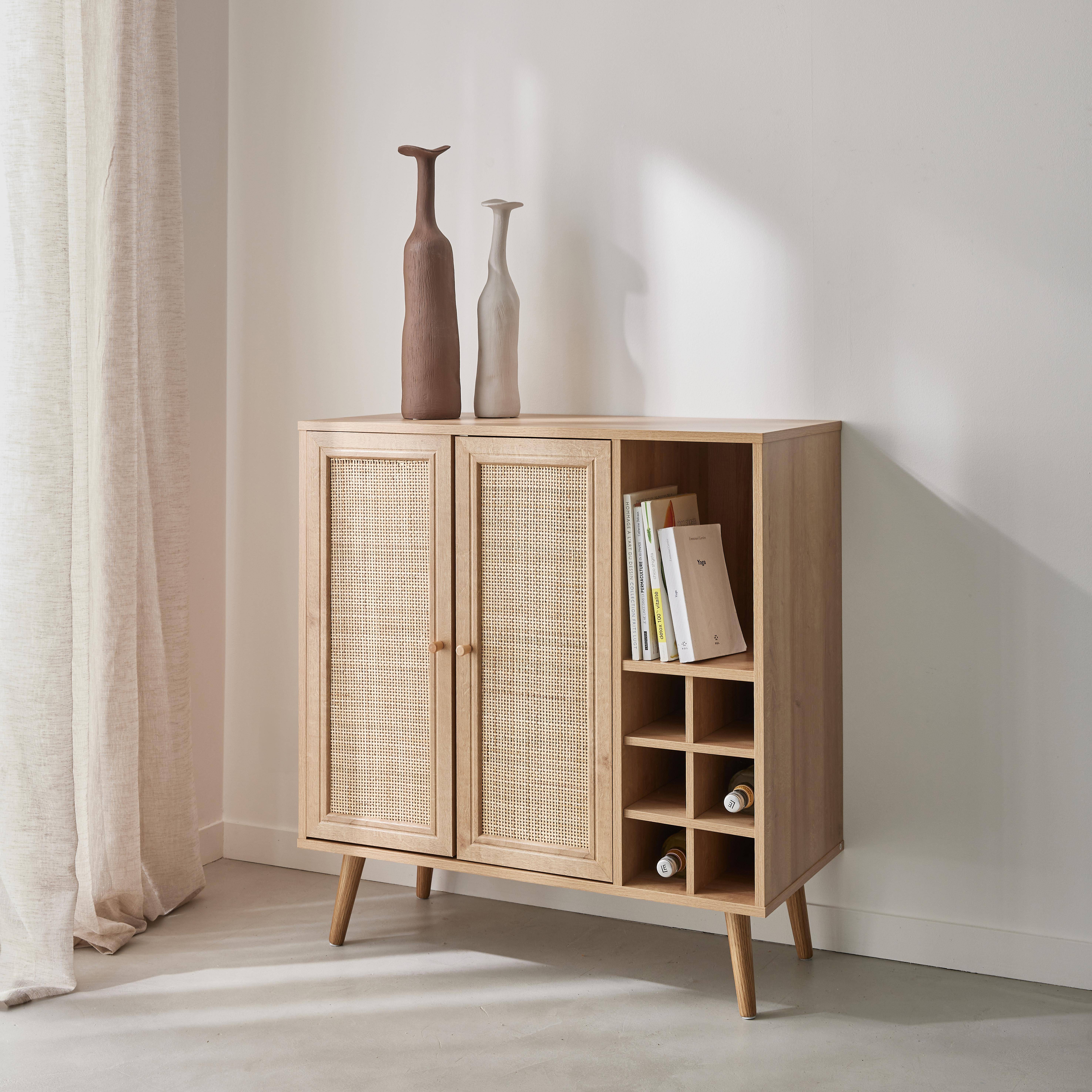 Boheme - Aparador con portabotellas, mimbre y decoración de madera, 83cm