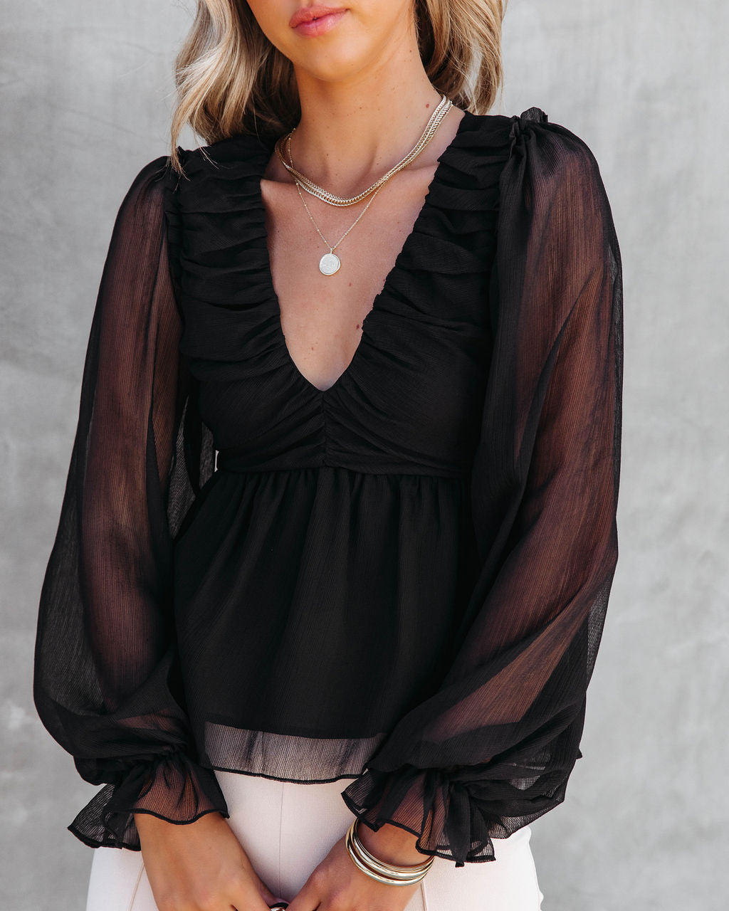 Into The Night Drape Chiffon Top - Black - Se7enfashion