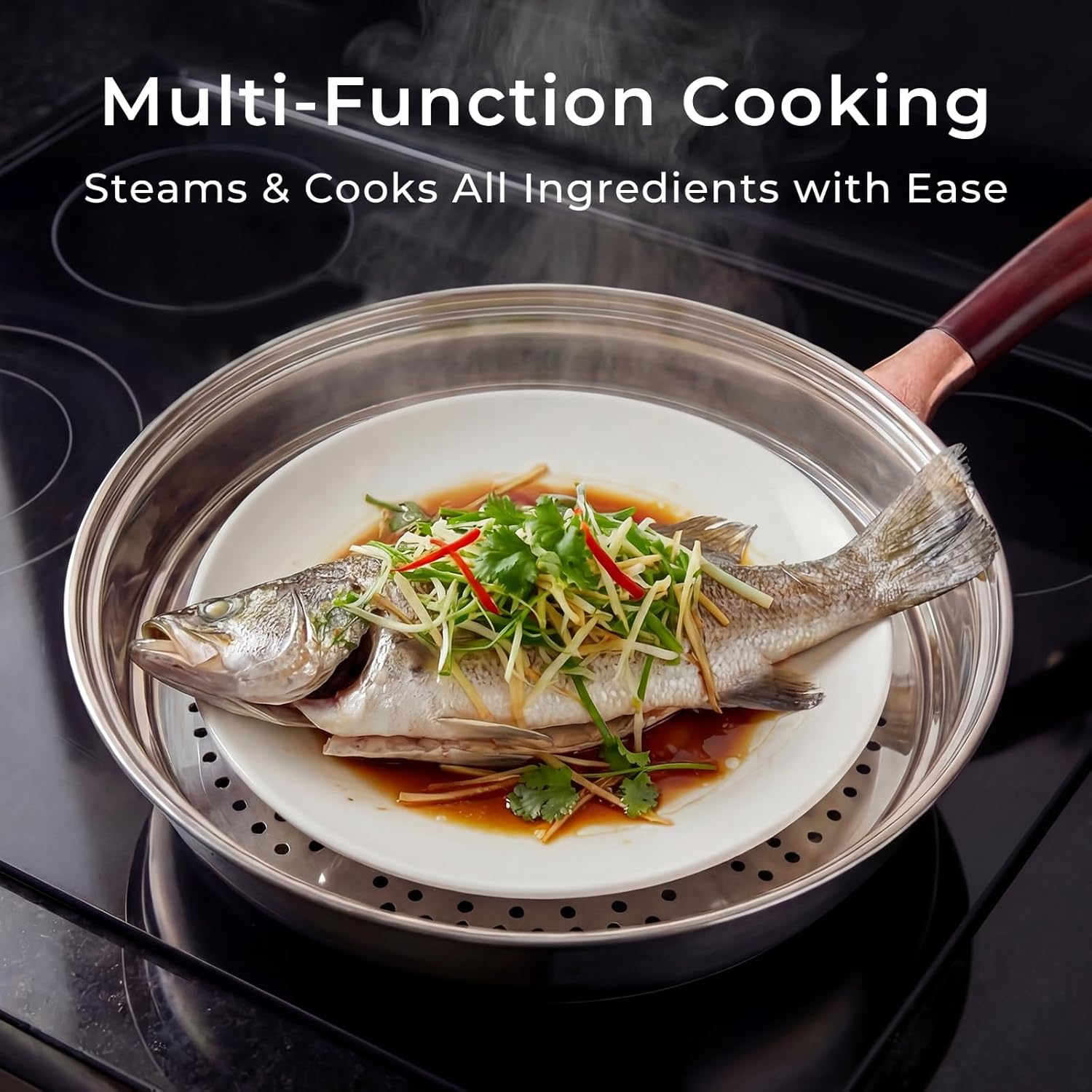 Kseroo 13-Inch Carbon Steel Wok Pan with Lid: Professional Woks & Stir-Fry Pans Nonstick with Steamer, Large Deep Flat Bottom Cookware, Works on All Cooktops, Oven Safe, Stay-Cool Handle, Kitchen Gift