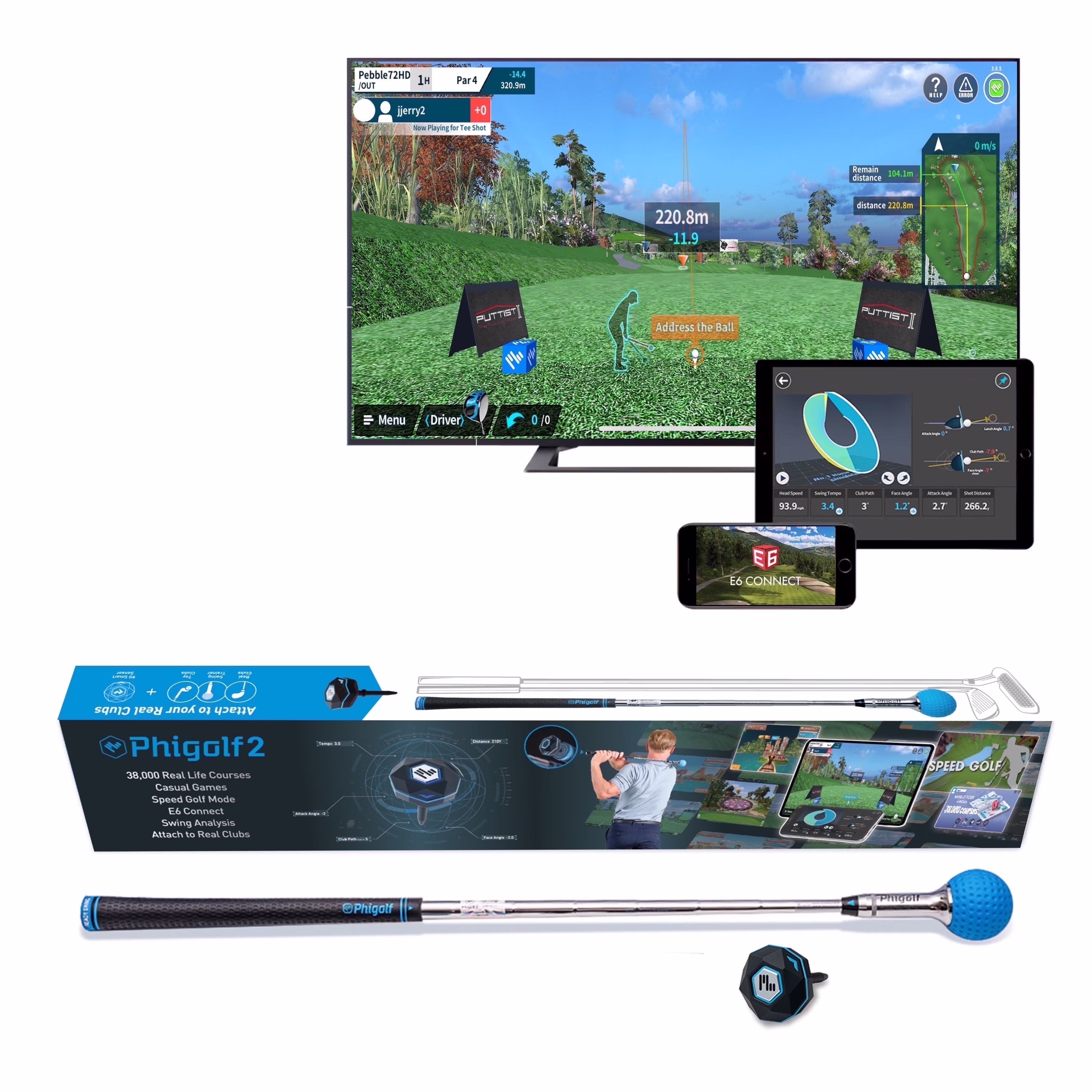 PHIGOLF Home Golf Game Simulator: Enjoy Interactive Golf with Motion Sensor & Swing Stick for Indoor & Outdoor Fun -C 38,000+ Courses Worldwide, Compatible with Android, iOS, App & E6 Connect