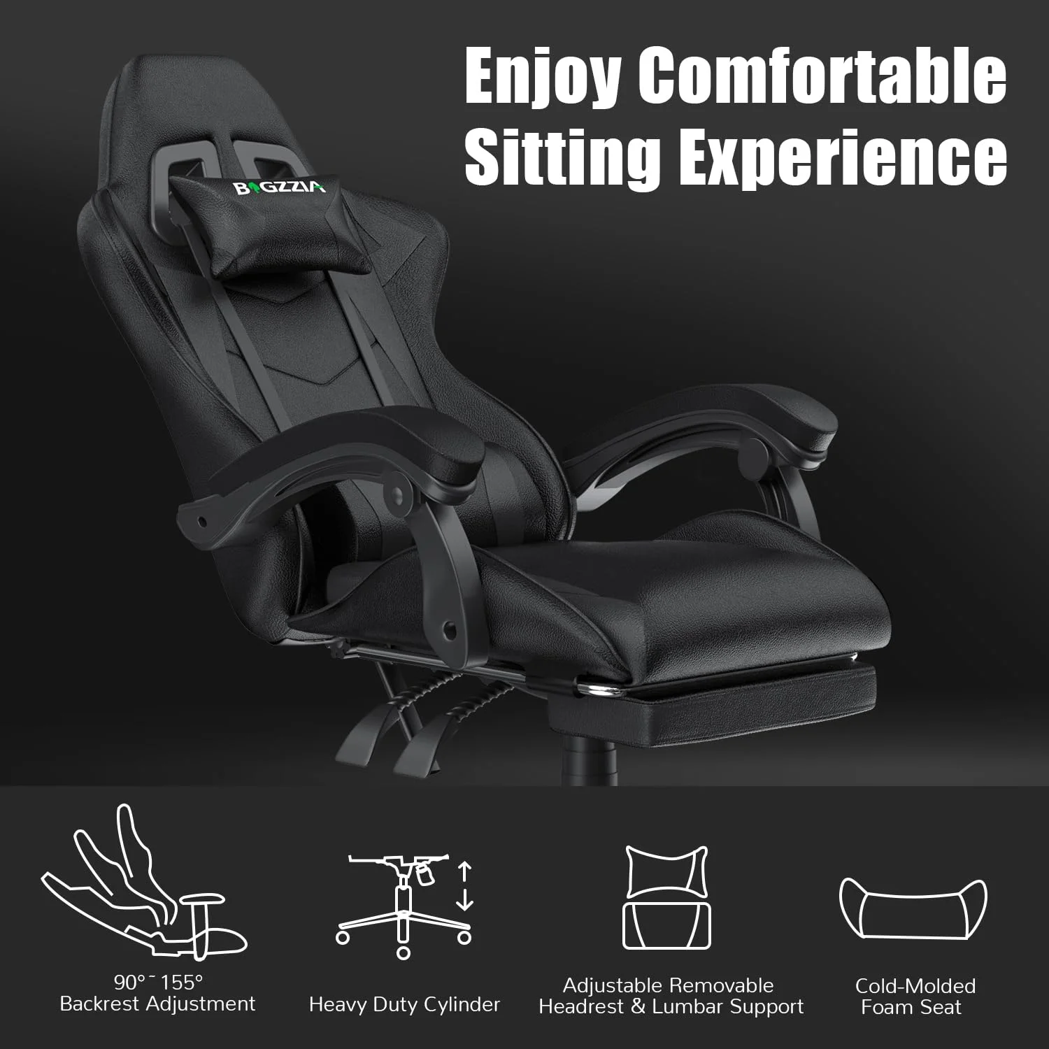 Bigzzia Gaming Chair Office Chair, Ergonomic Game Chair with Height Adjustable Headrest and Lumbar Support for Adults Teens, Black & White - Image 36