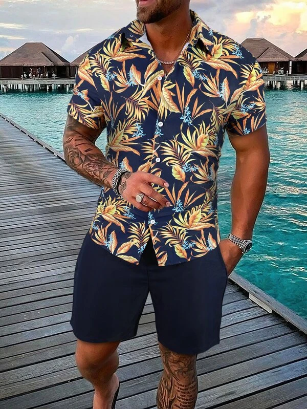 Suitmens Men's Hawaiian Print Short Sleeve Shirt Set 002