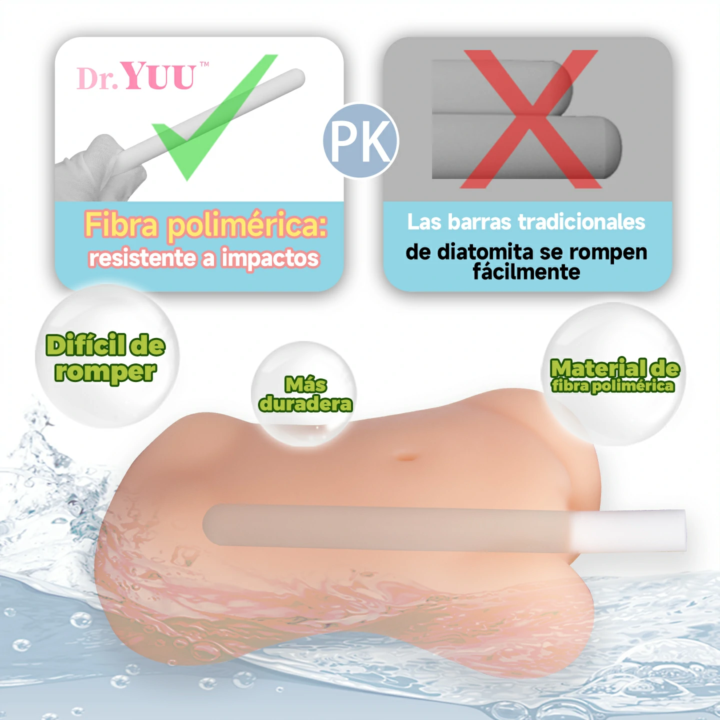 Comparativa de resistencia que muestra por qué el secador de pocket pussy de Dr.YUU es súper duradero.