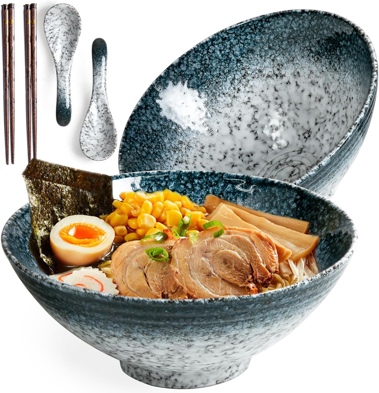 40 oz Ceramic Ramen Bowl Set of 2, Ramen Noodle Bowl with Spoons and Chopsticks 8 Inch Japanese Retro Style Large Soup, Pho, Udon Bowls, Microwave & Dishwasher Safe, Stone