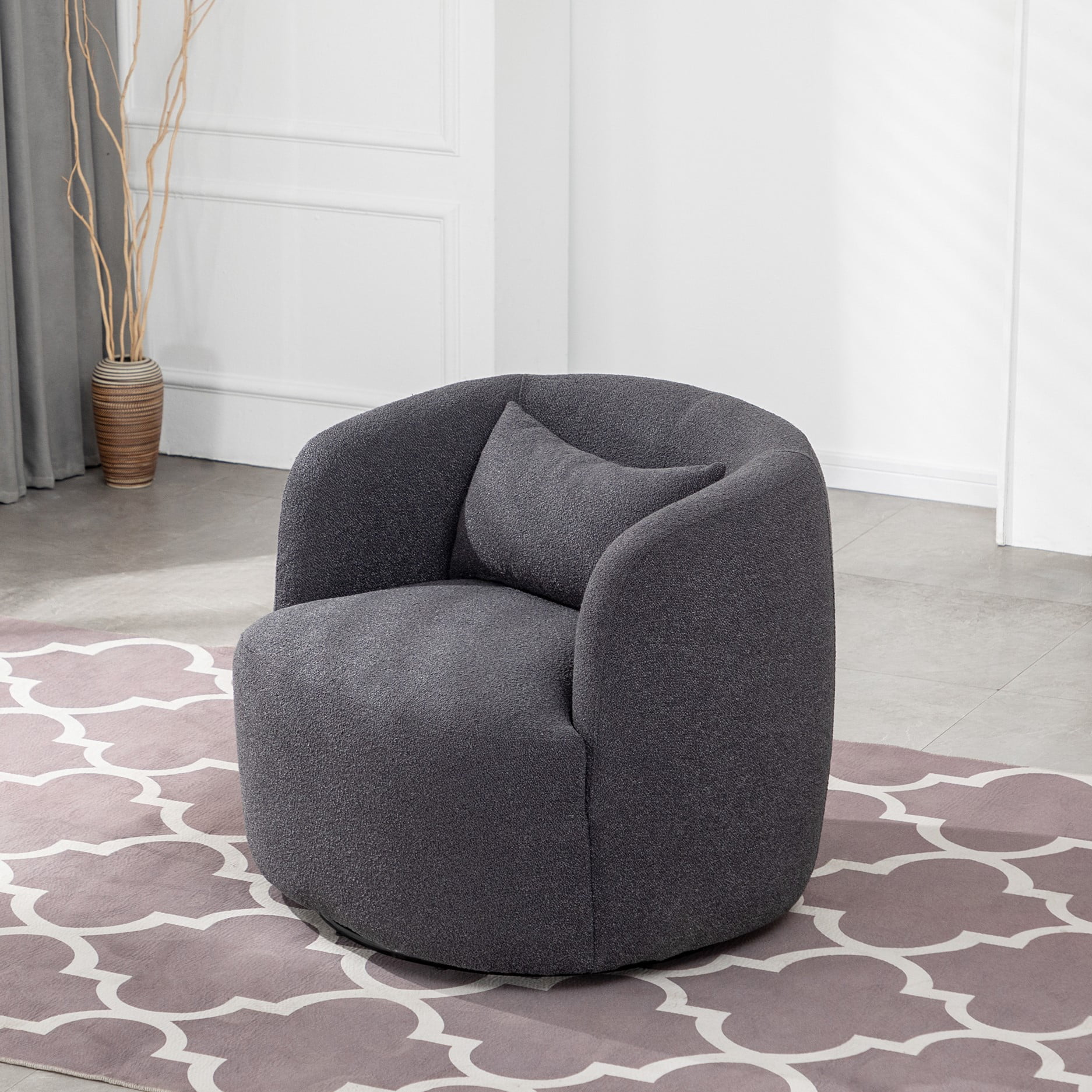 34" Wide Boucle Swivel Barrel Chair, No Assembly Round Upholstered Armchair Accent Chair Single Sofa Chair with Toss Pillow for Living Room and Bedroom, Taupe - Image 27