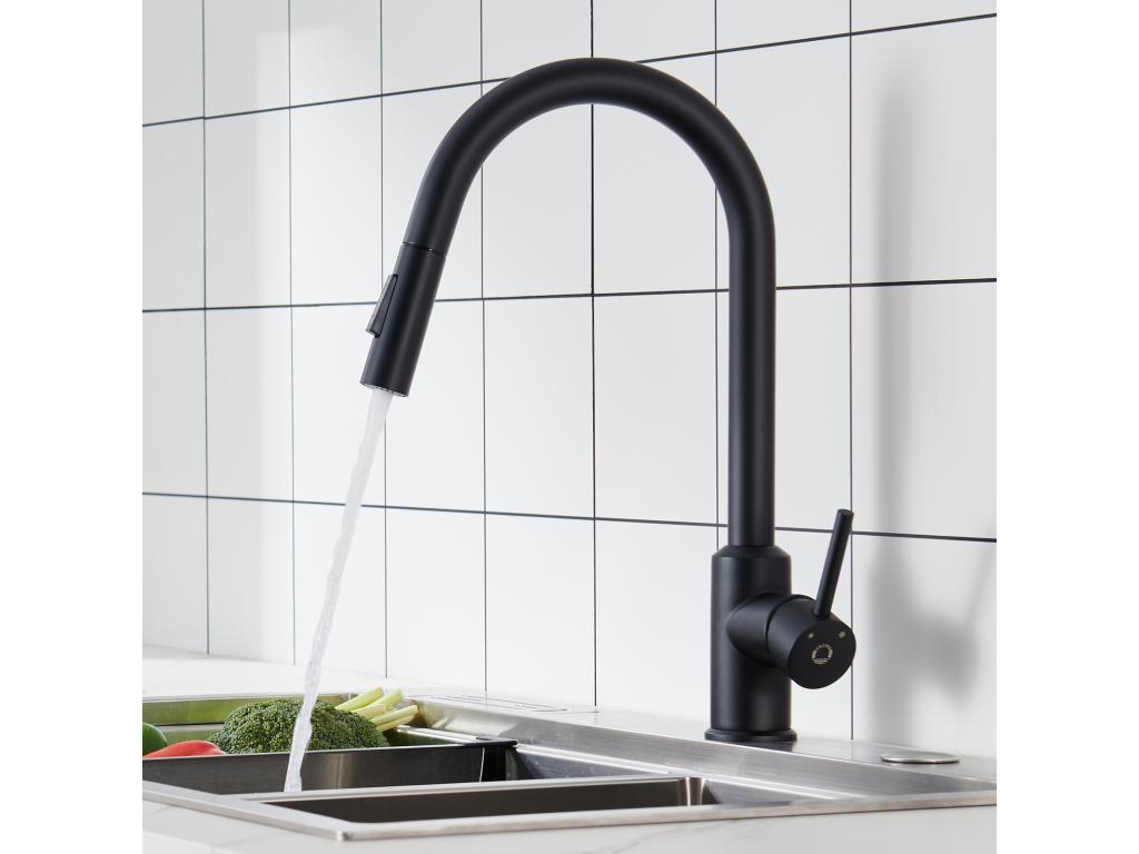 Laocacasas Mezclador de Cocina con Ducha Extraíble - Negro - Mezclador de Fregadero de Cocina de Acero Inoxidable - Mezclador de 2 Funciones, Modelo UE