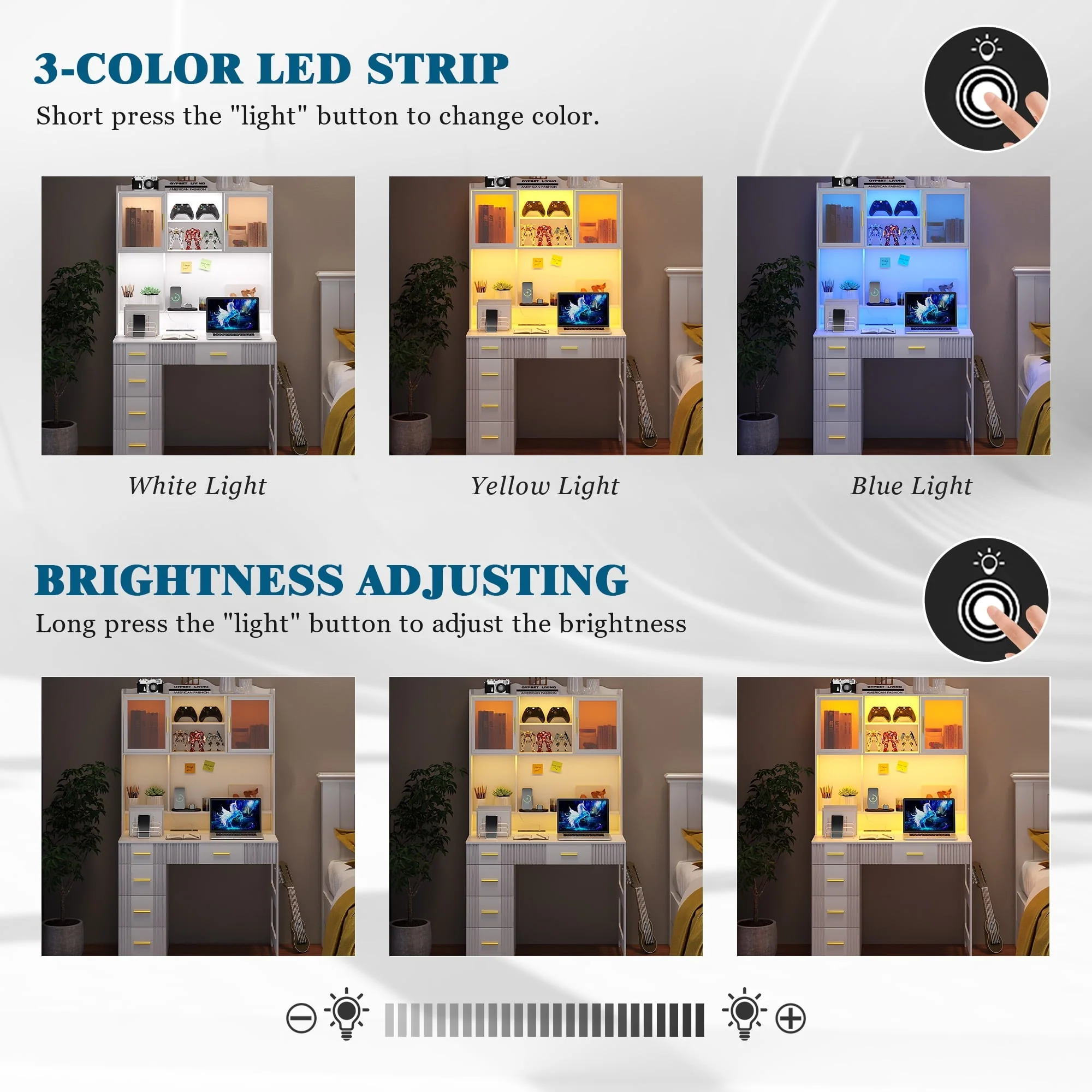 HNEBC LED Study Desk with Hutch and Drawer, Home Office Desk with Outlet, Computer Desk with Charging Station, Writing Desk for Bedroom, Workstation for Small Space - Image 2