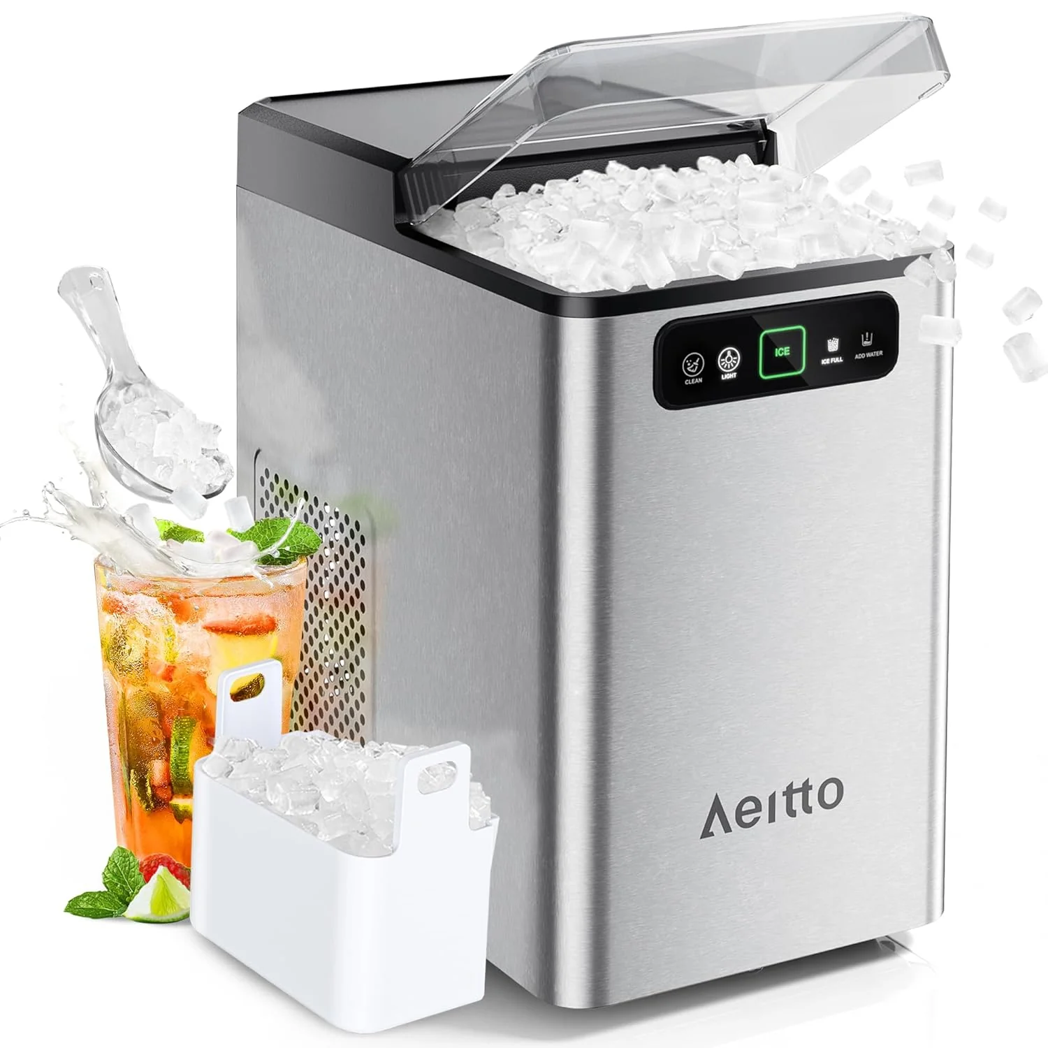 Aeitto Nugget Ice Maker 40Lbs/24H, Countertop Soft Chewable Ice Pebble Ice Machine, One-Click Operation, Auto Self-Cleaning Ice Makers with Scoop&Basket for Home, Office, Kitchen, Party (Grey)