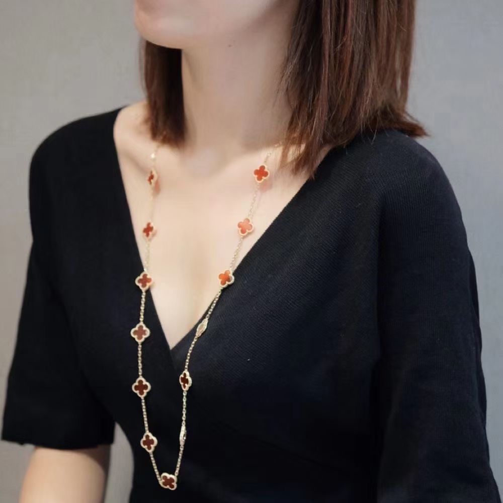 VCA Yellow Gold 20 Carnelian Clover Vintage Alhambra Long Necklace - Original Replica Club