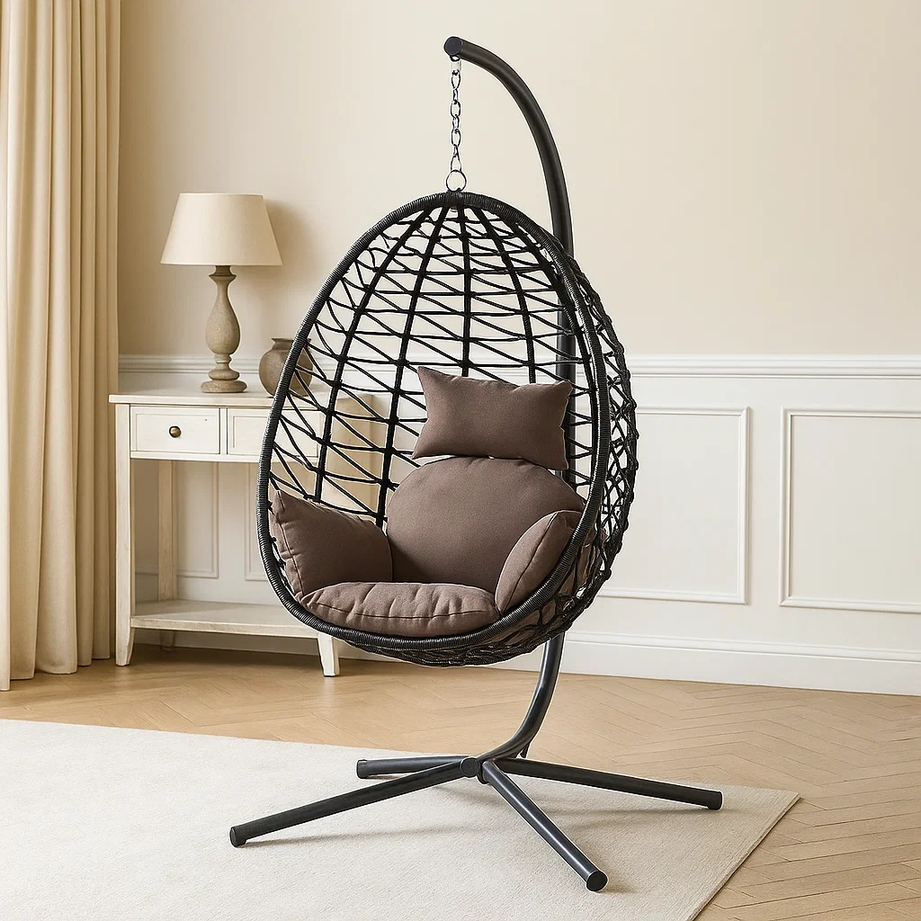 Sillón colgante en forma de huevo,de ratán sintético negro con cojines marrones,con soporte metálico,adecuado para terraza o interior,105x95x195 cm - ELv6Ae2iAkeb