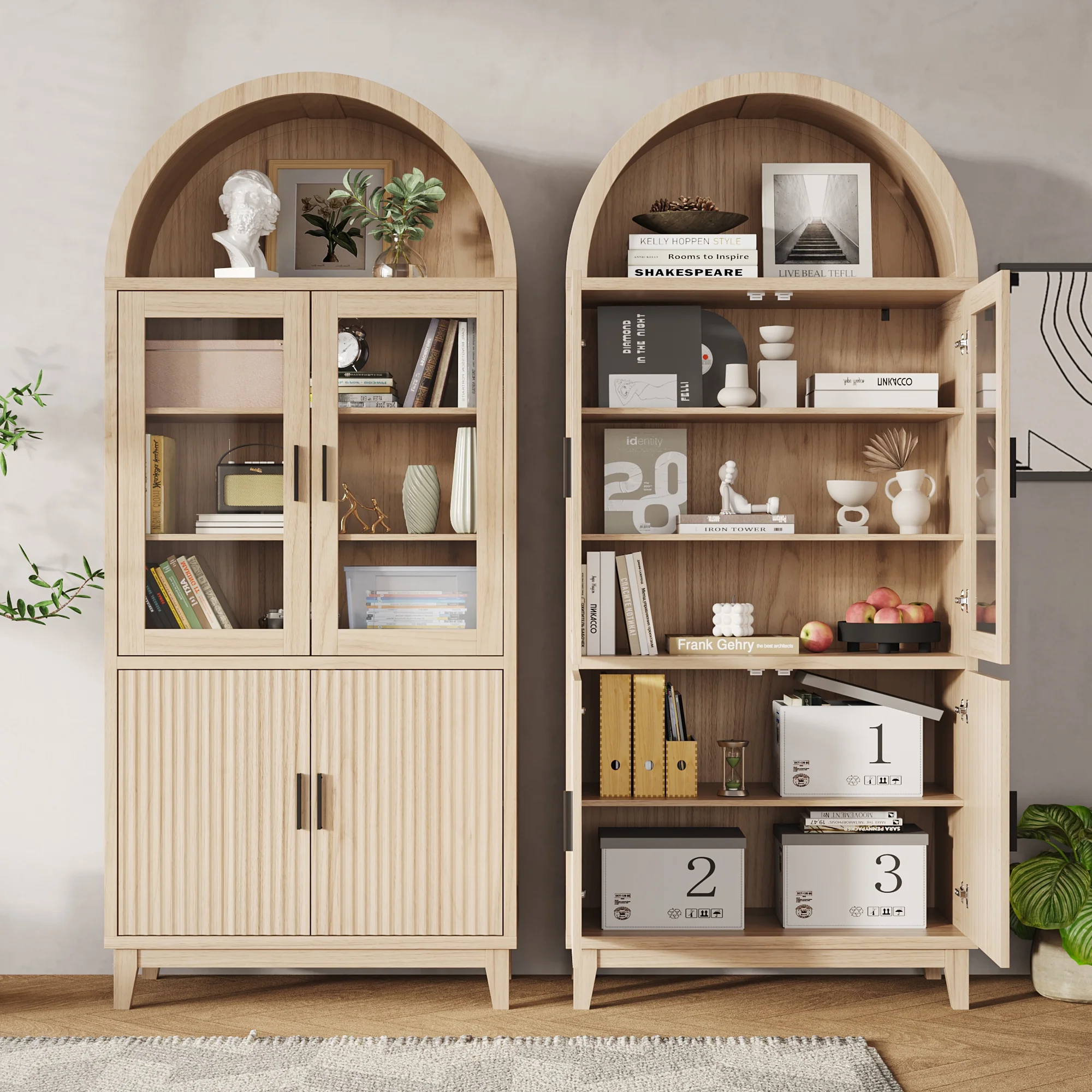 VEANERWOOD 71" Tall Arch Cabinet, Wood Fluted Kitchen Kitchen Storage Cabinet with 4 Doors and 6 Shelves for Dining Room Living Room - Image 27