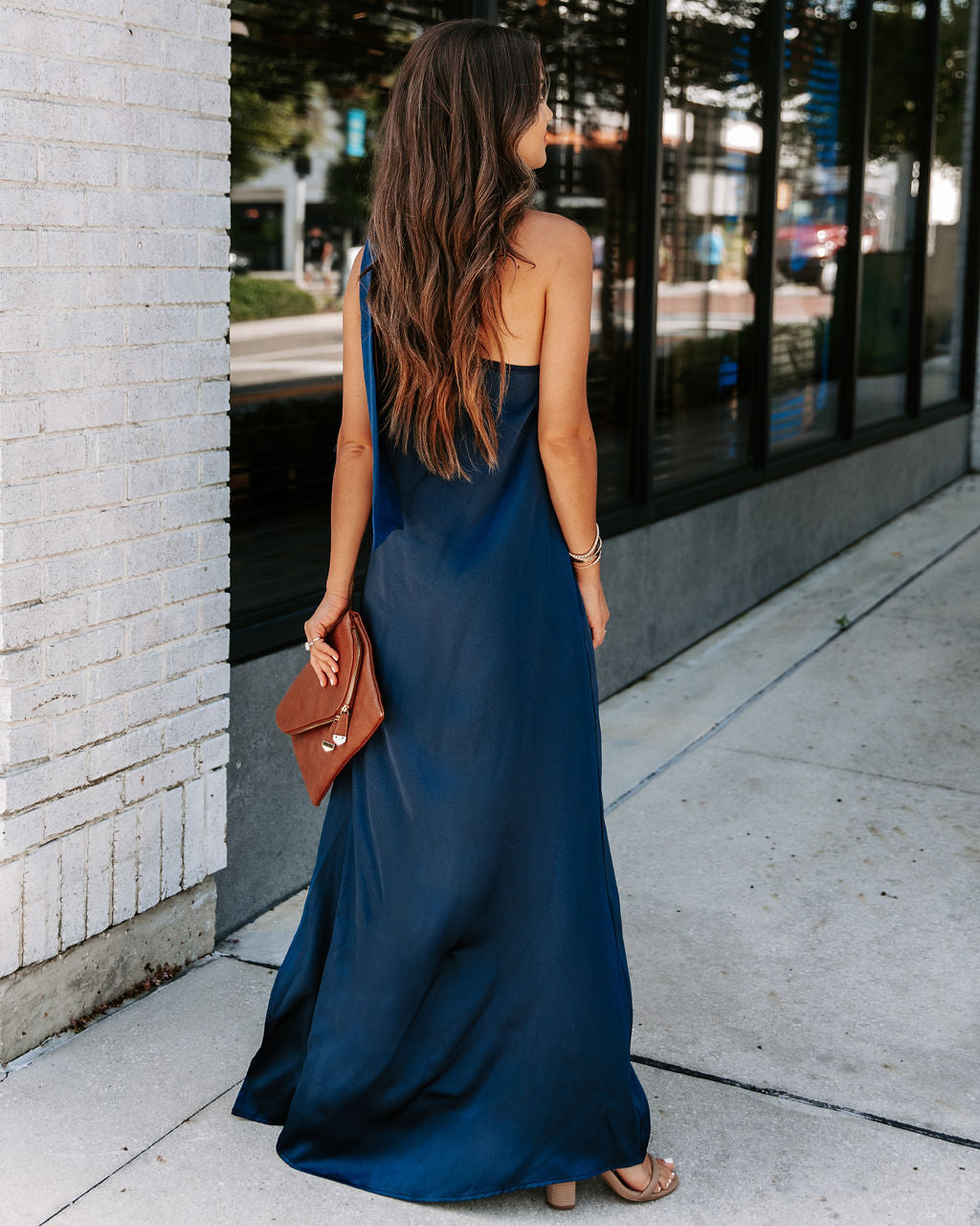 Invite Only Satin One Shoulder Maxi Dress - Navy - Se7enfashion