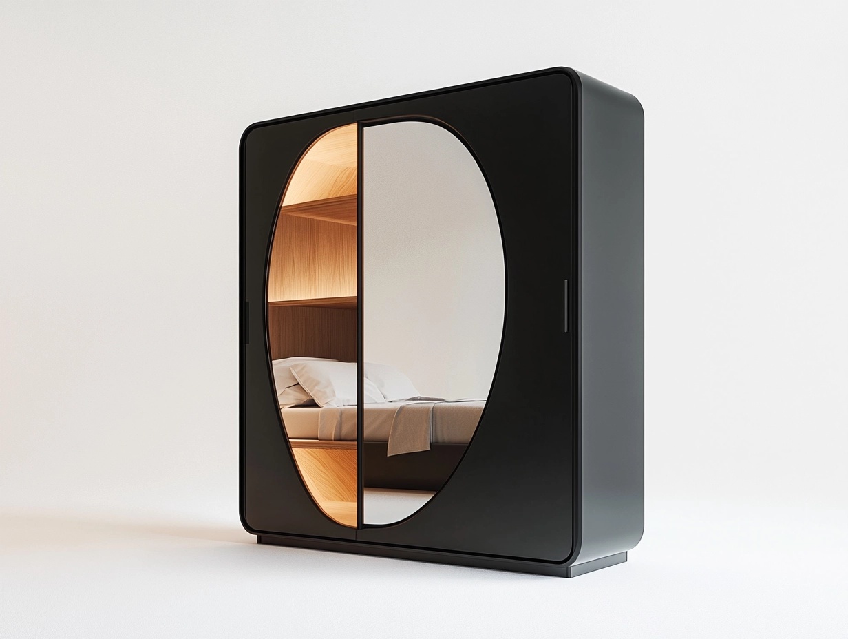 Armario moderno negro mate con puertas correderas y espejo grande para dormitorio de 200x60x220 cm de madera y metal estilo minimalista FW7934846