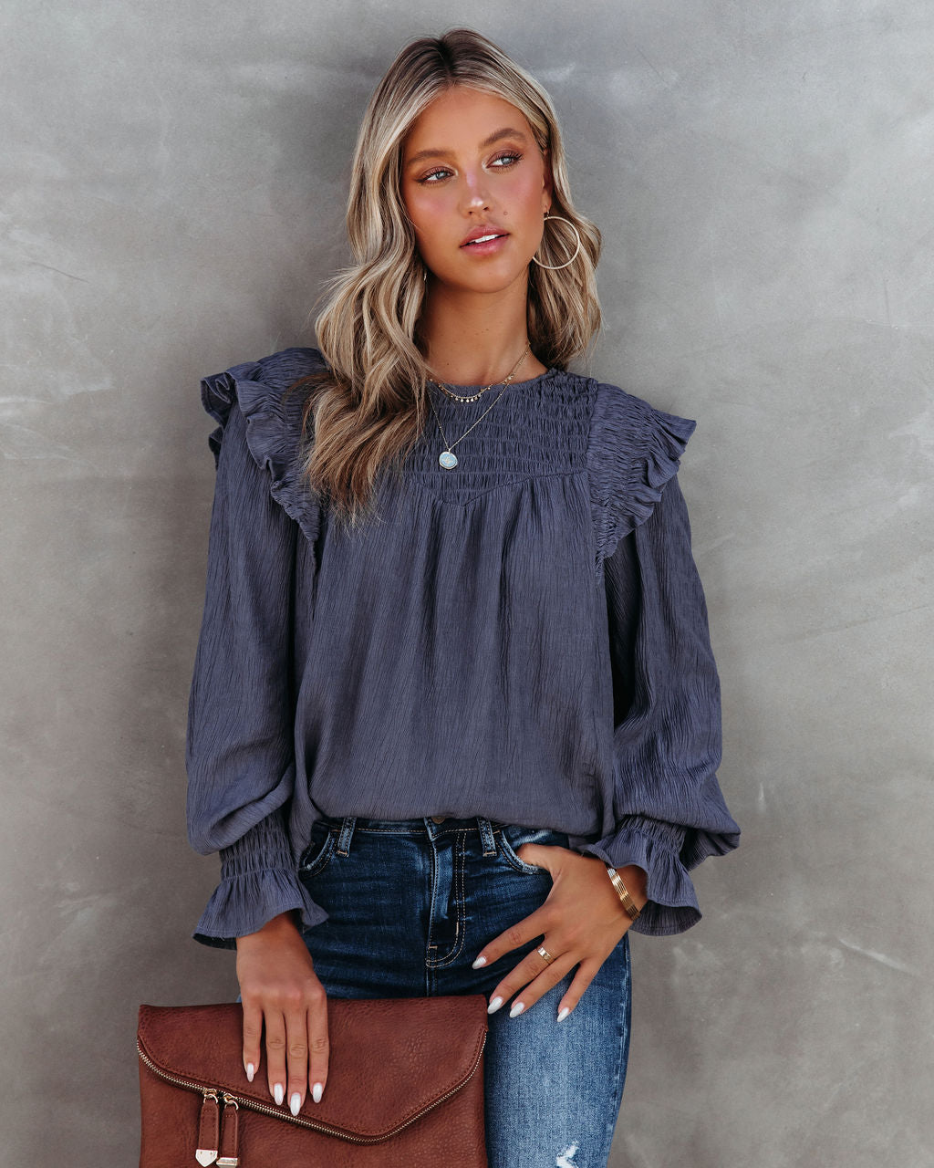 Justina Crinkle Ruffle Shoulder Top - Charcoal - Se7enfashion