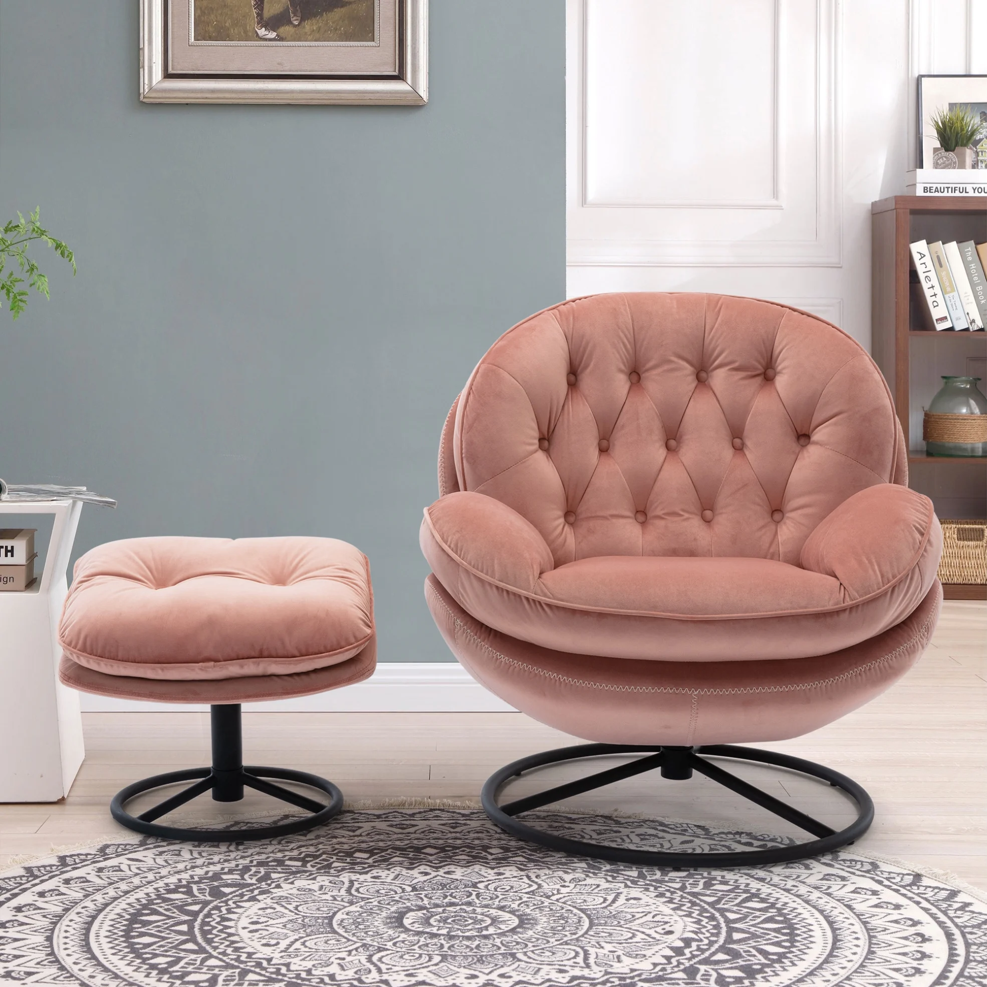 Velvet Swivel Accent Chair with Ottoman Set, Modern Tufted Armchair with Footrest for Living Room Reading TV Chairs for Adults, Comfy Chaise Lounge Chairs with 360 Degree Swiveling for Bedroom, Pink - Image 2