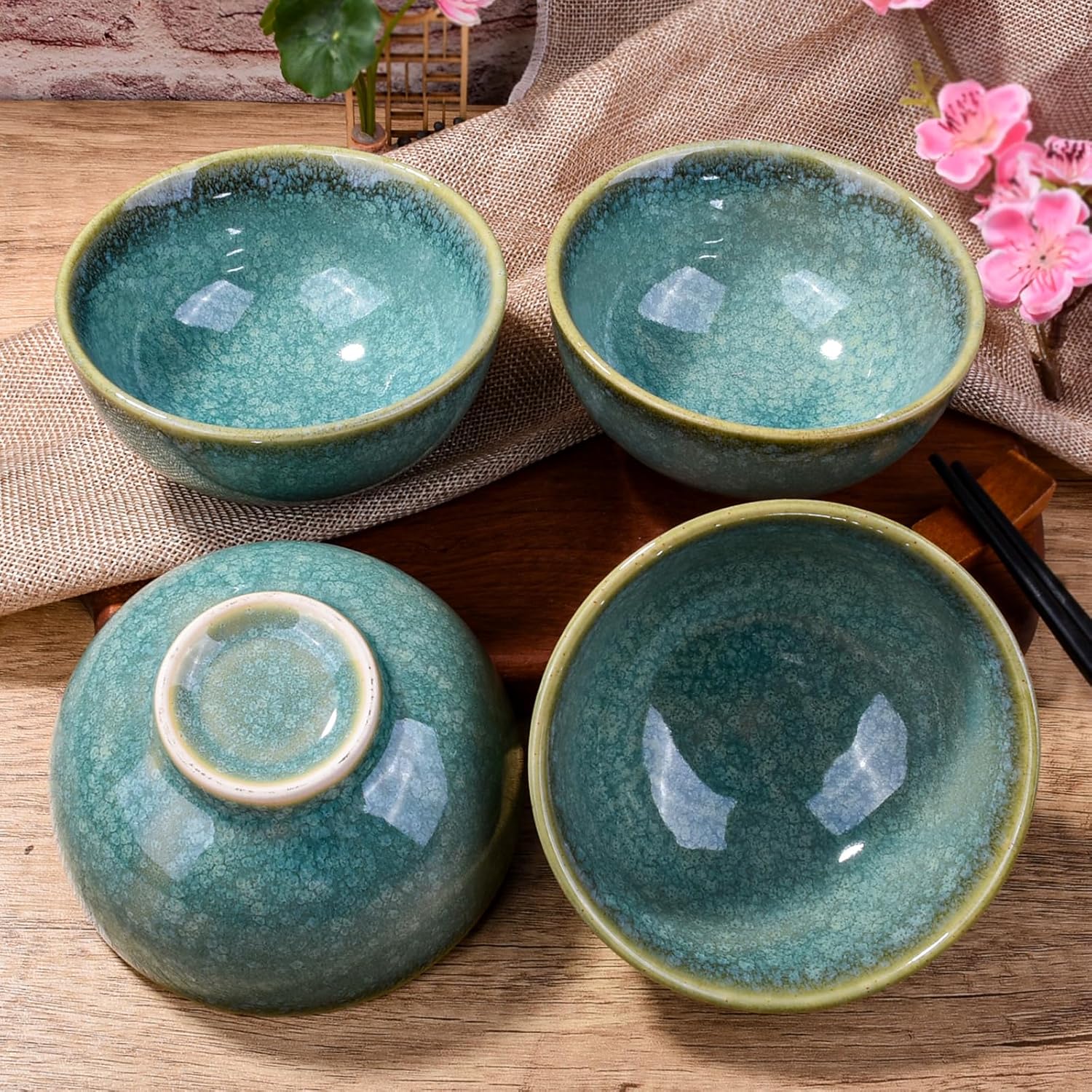 Porcelain Rice Bowls Ceramic Sushi Bowl Set of 4 Perfect for Soup Cereal Oatmeal Fruit Rice Microwave and Dishwasher Safe Green