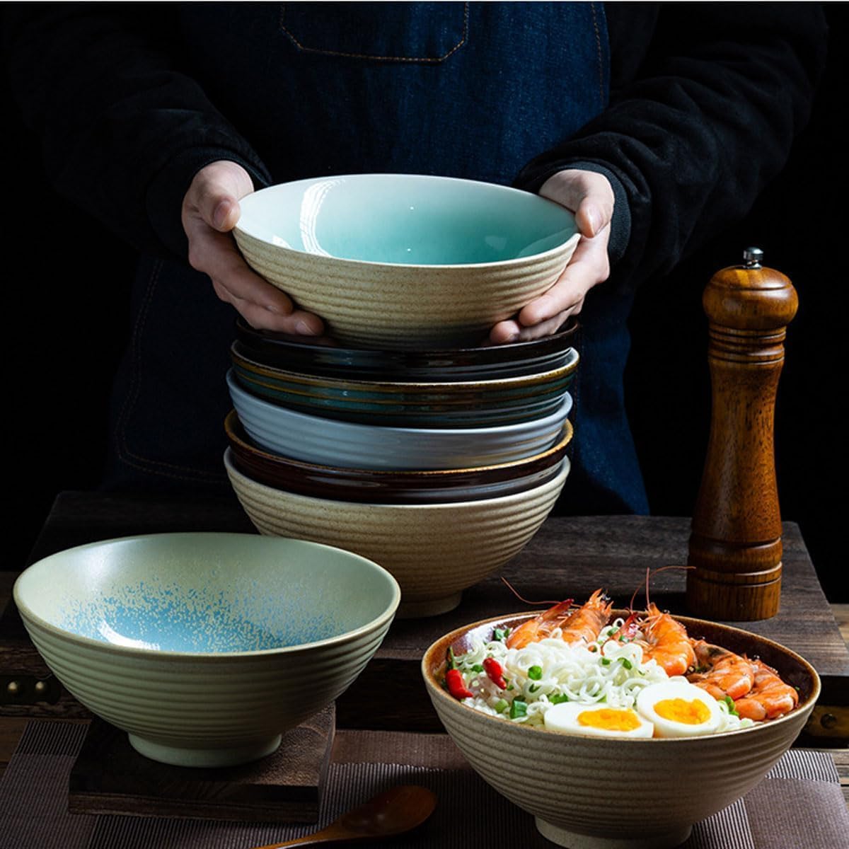 2x Ceramic Ramen Bowls - 40 oz - 20cm - With Spoon and Chopsticks for Ramen Soup Pho Udon Asian Noodles, Large Noodle Bowls (Brown glaze 2 sets)