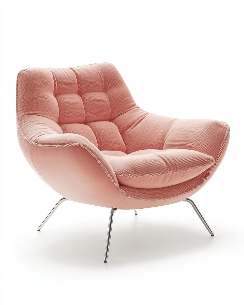 Sillón lounge tapizado en tela rosa claro – patas de acero – diseño moderno y acolchado profundo