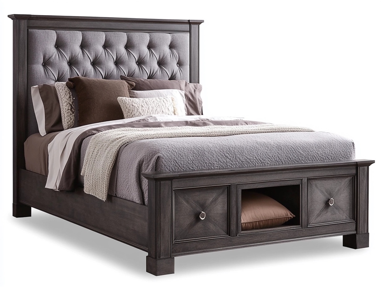 Cama doble clásica de madera oscura con cabecero acolchado y almacenamiento